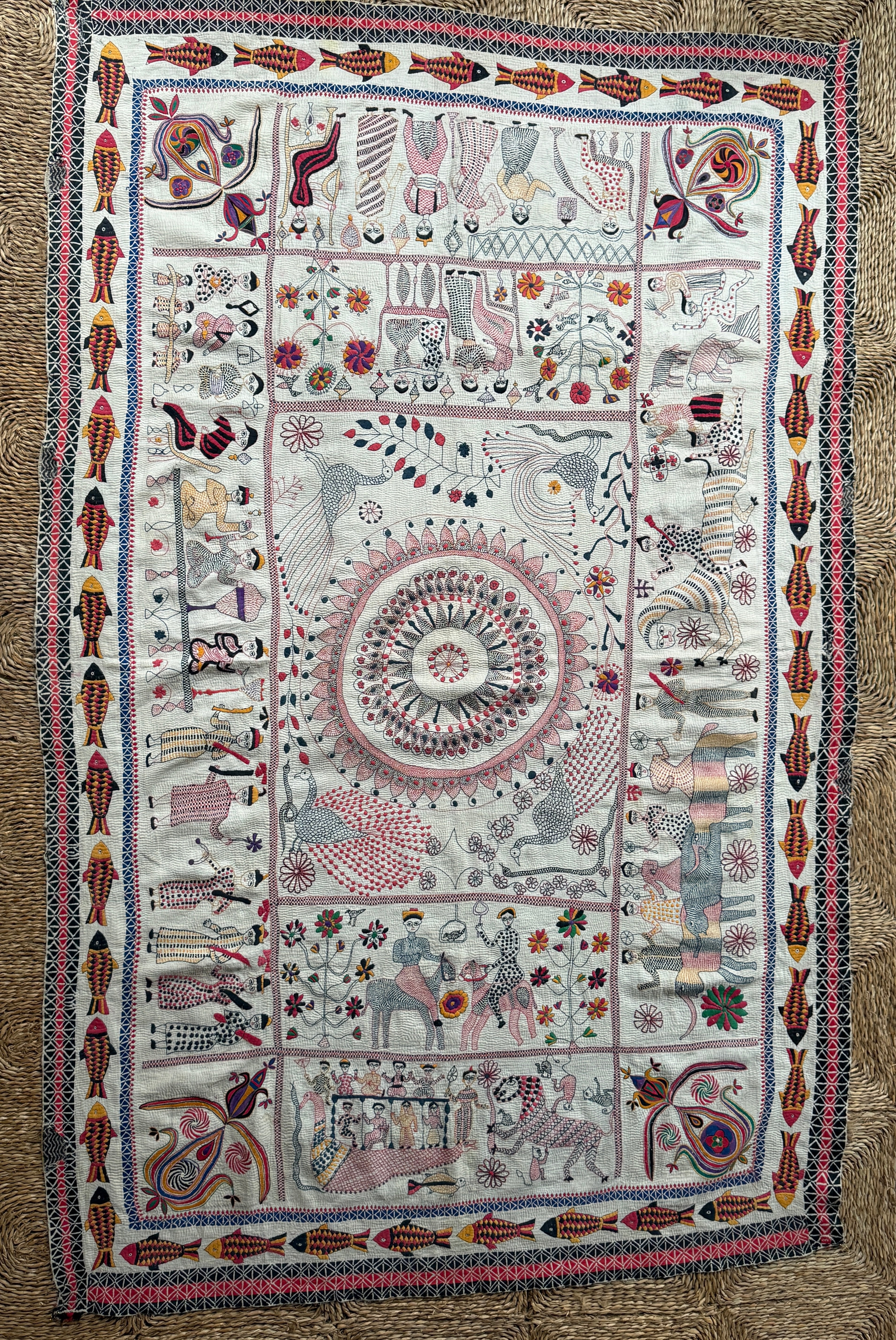 Rare Bengali Nakshi Kantha with Fish Border c late 19th Century