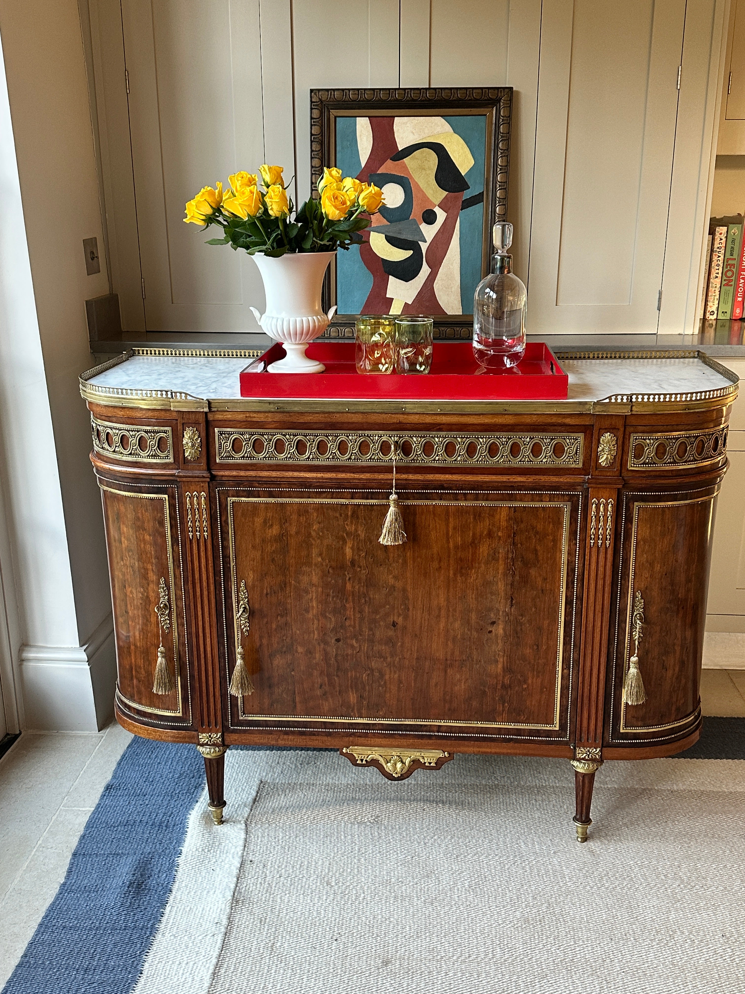 Neoclassical Louis XVI style Mahogany Server with White Marble Top and Brass Gallery