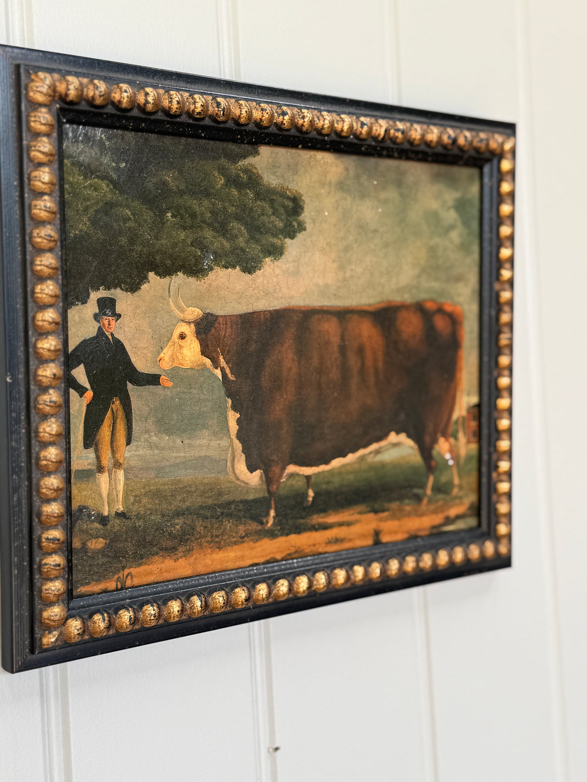 Framed Oil on Board Painting of Prize Bull and Owner