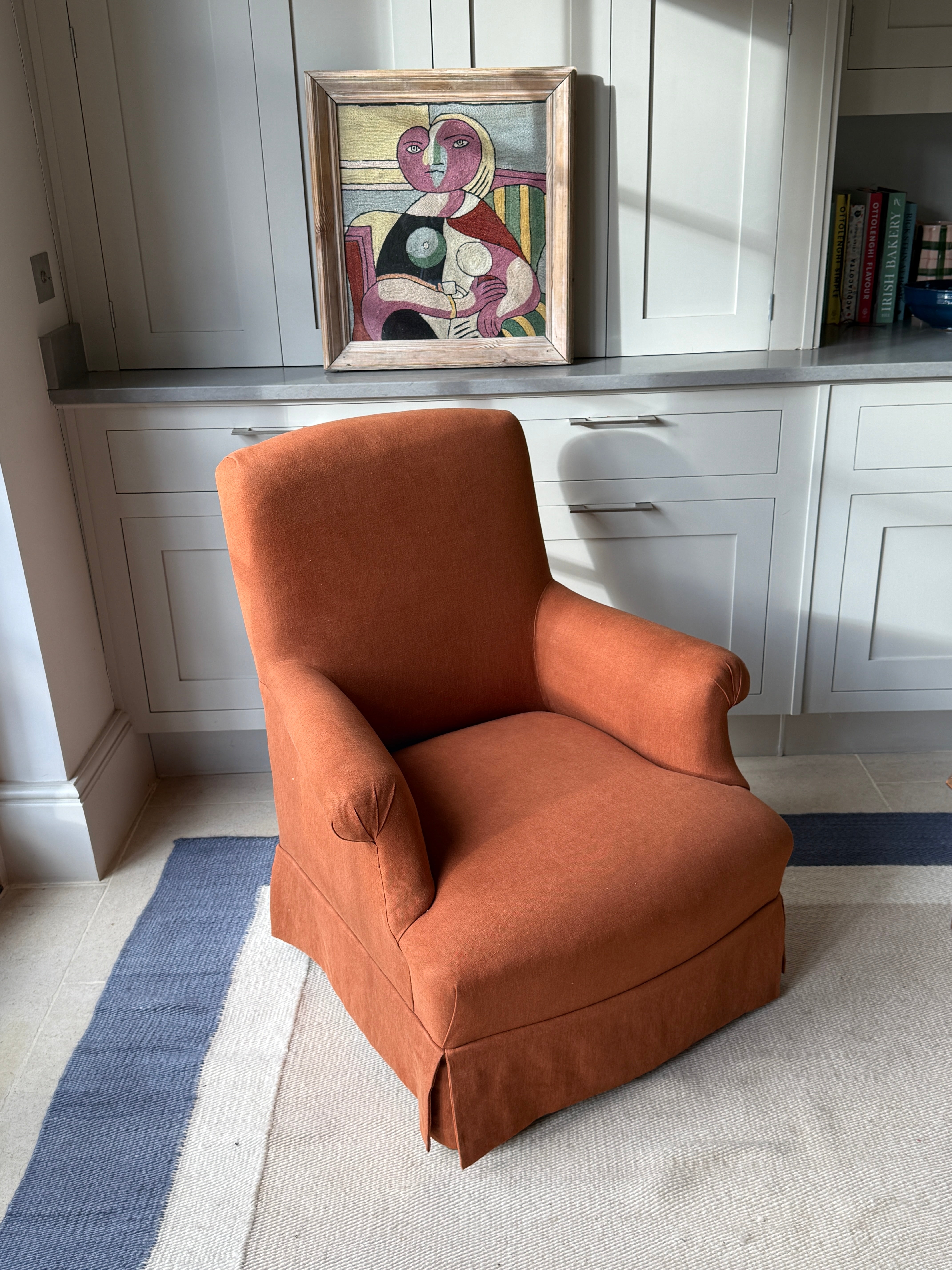 French Squareback Armchair in Rust Linen