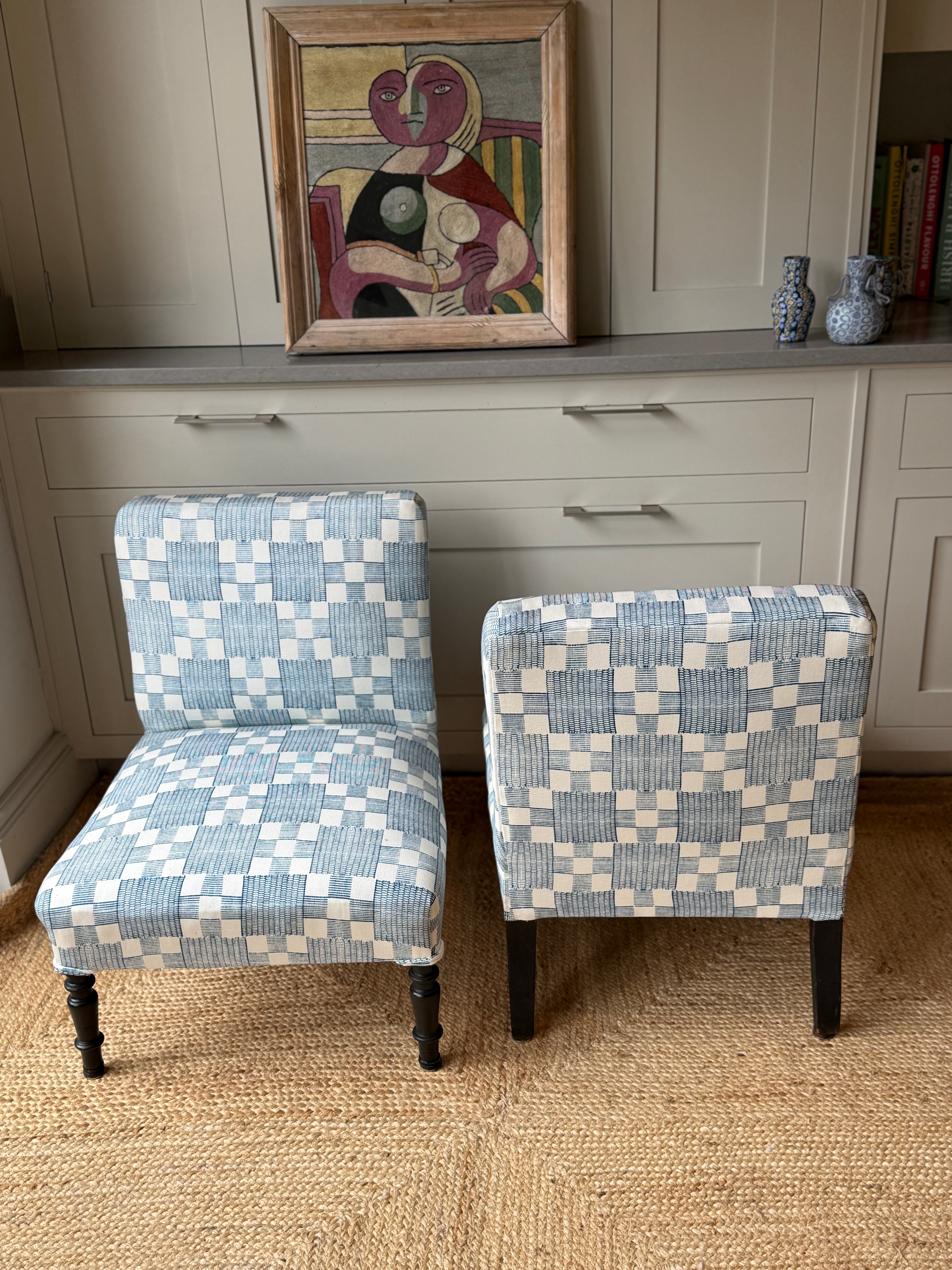 Pair of French Slipper Chairs in Jennifer Shorto Petrol Blue Panama