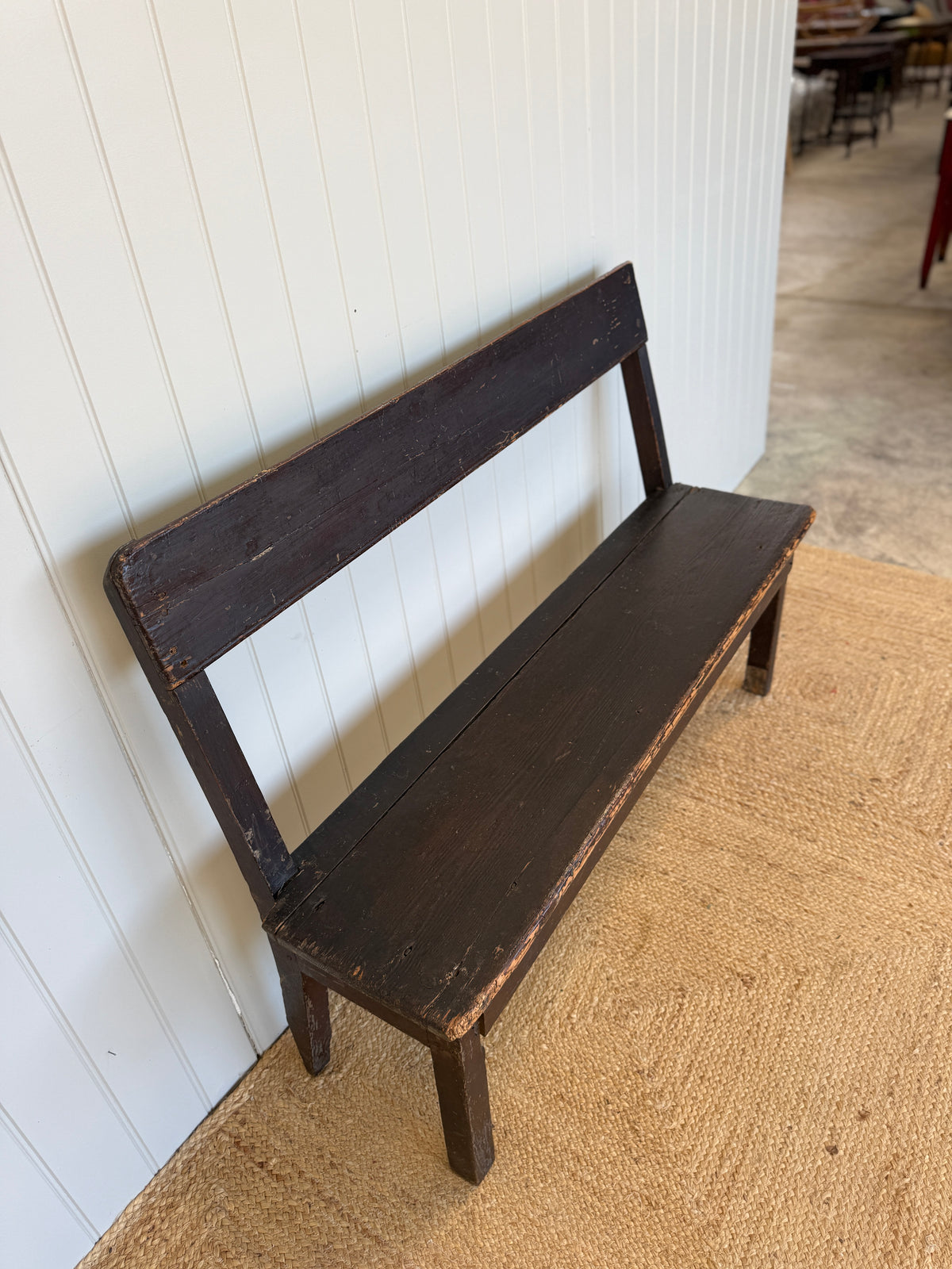 Rustic 19th Century Painted Pine Bench with Slatted Back