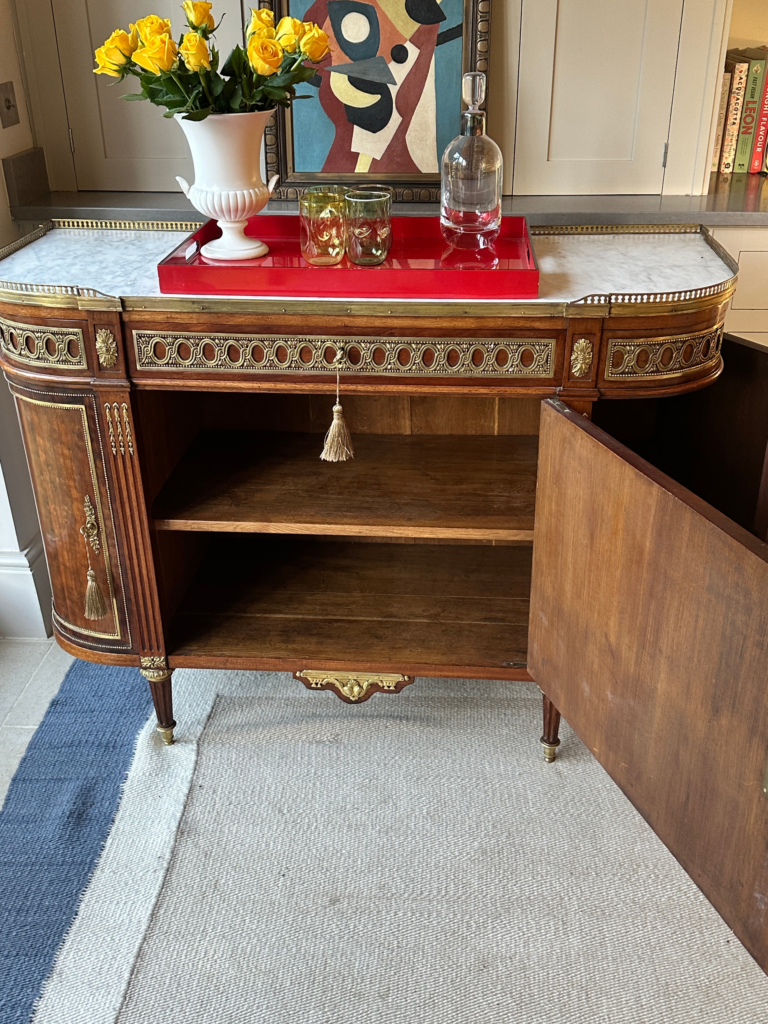 Neoclassical Louis XVI style Mahogany Server with White Marble Top and Brass Gallery