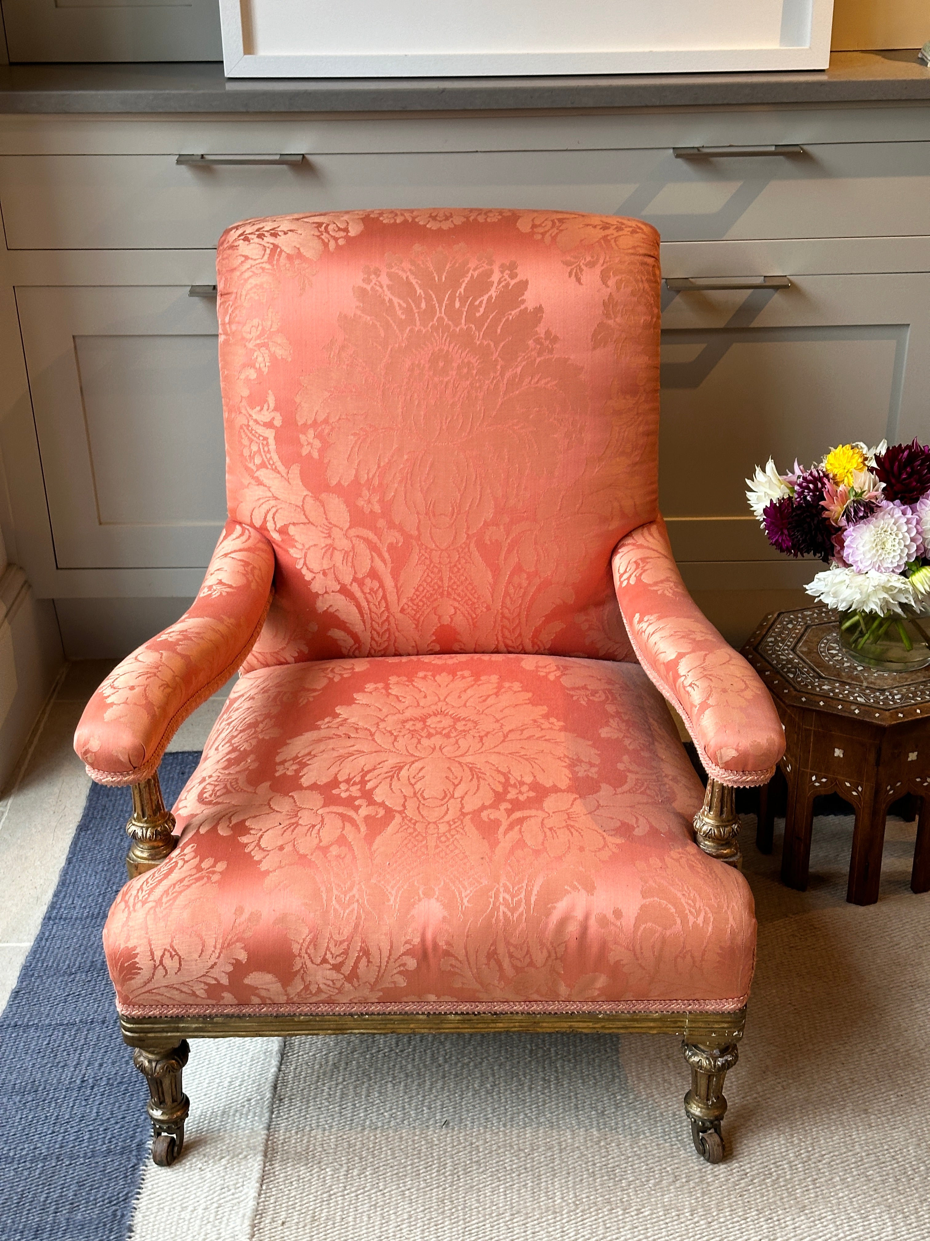 Country House Open Armchair in salmon pink damask.