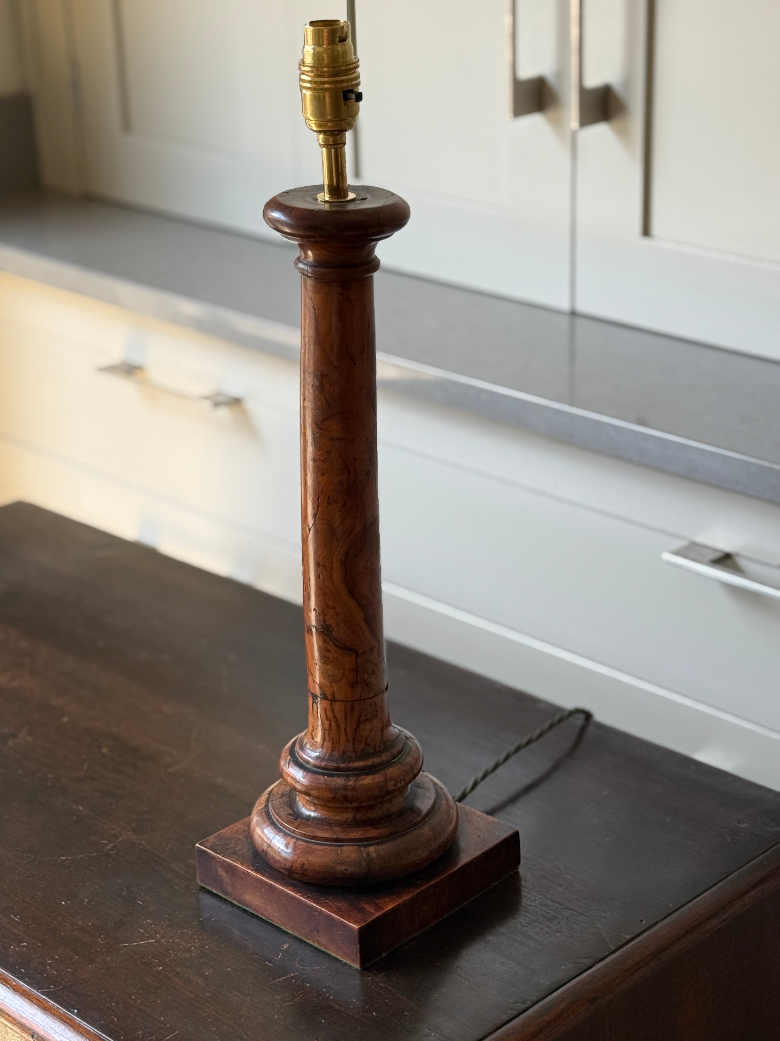 Late 19th Turned Burr Wood Column Table Lamp