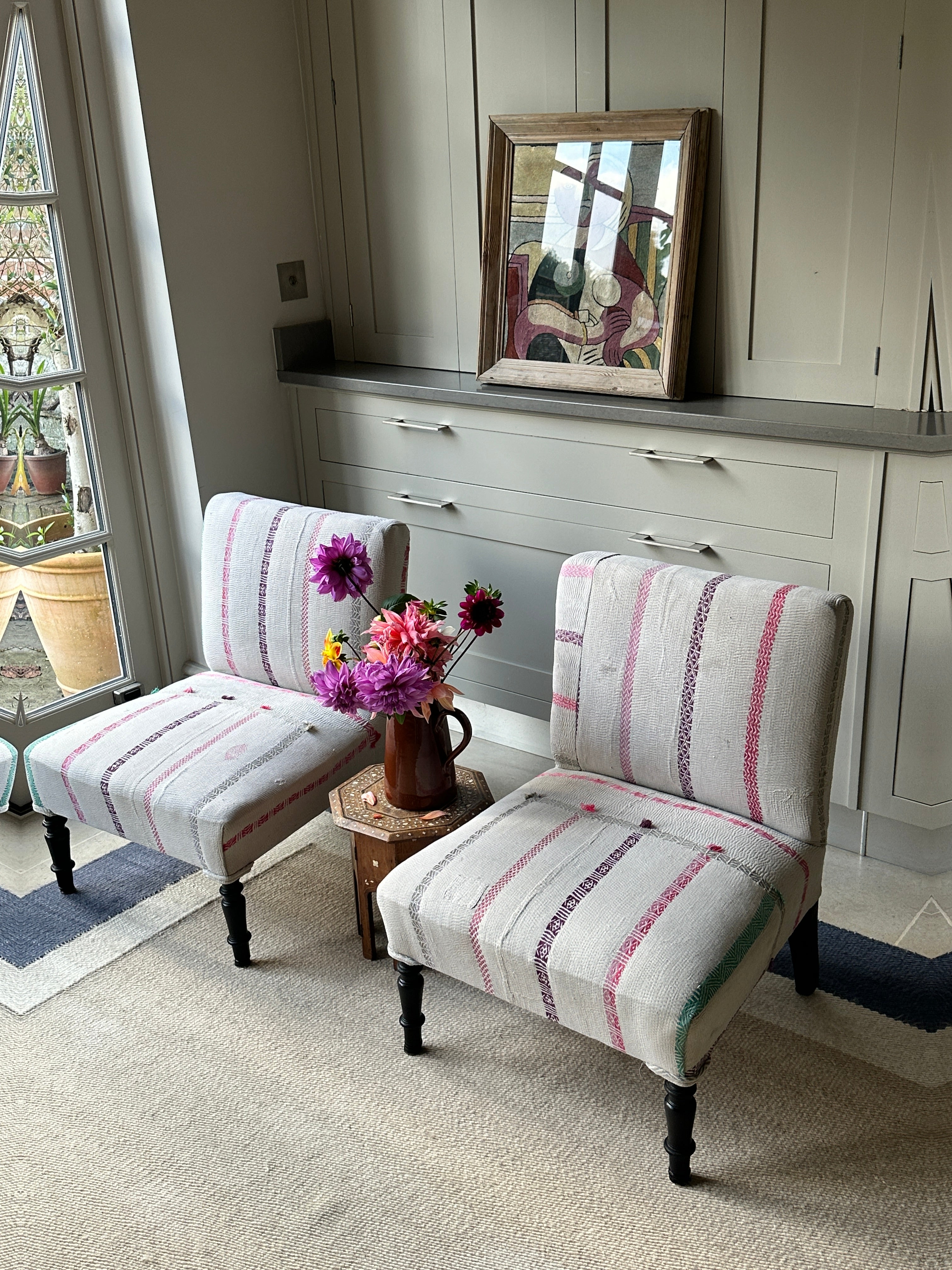 Sweet Pair of French Slipper Chairs in a Candy Striped Kantha