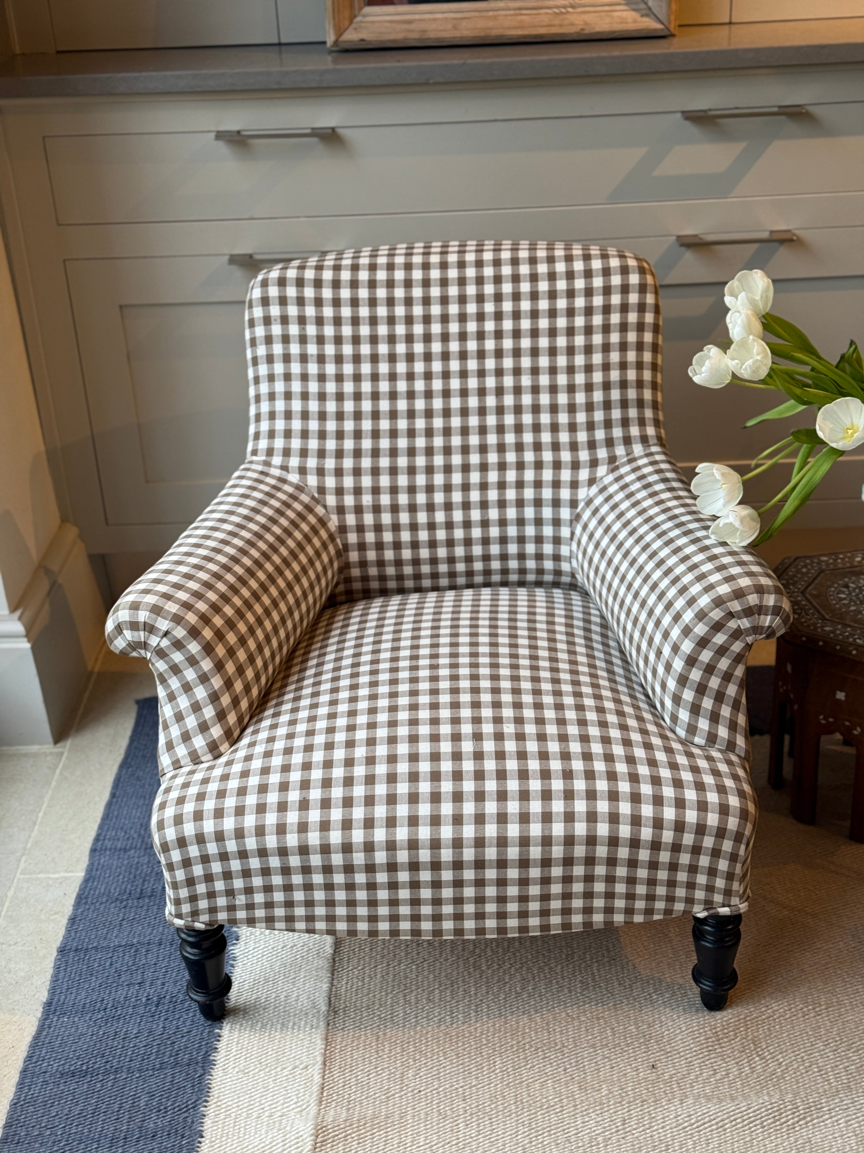 Small Napoleon III Square Back armchair in brown gingham