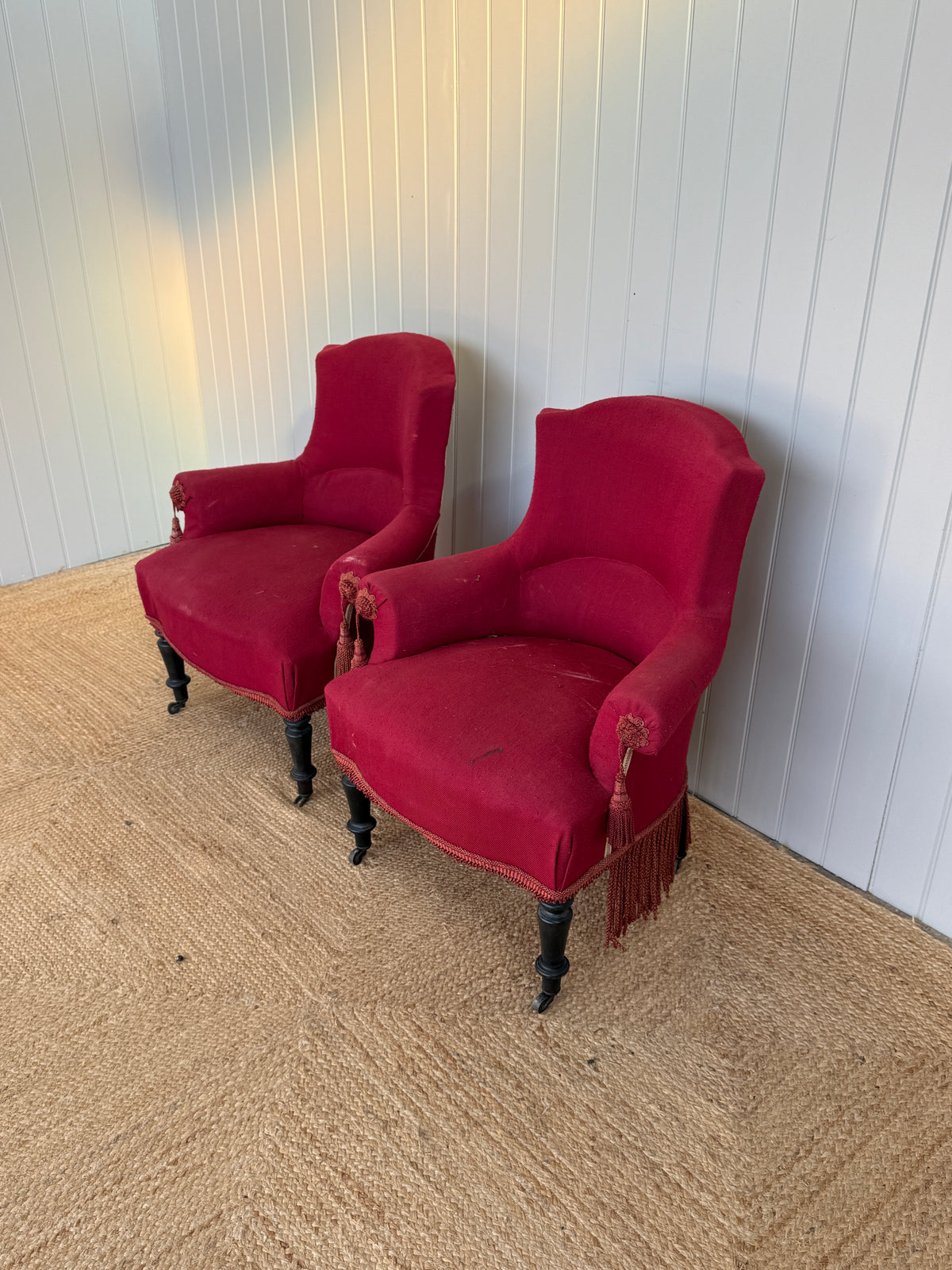 Pair of Red Baise Chapeau de Gendarmes Armchairs