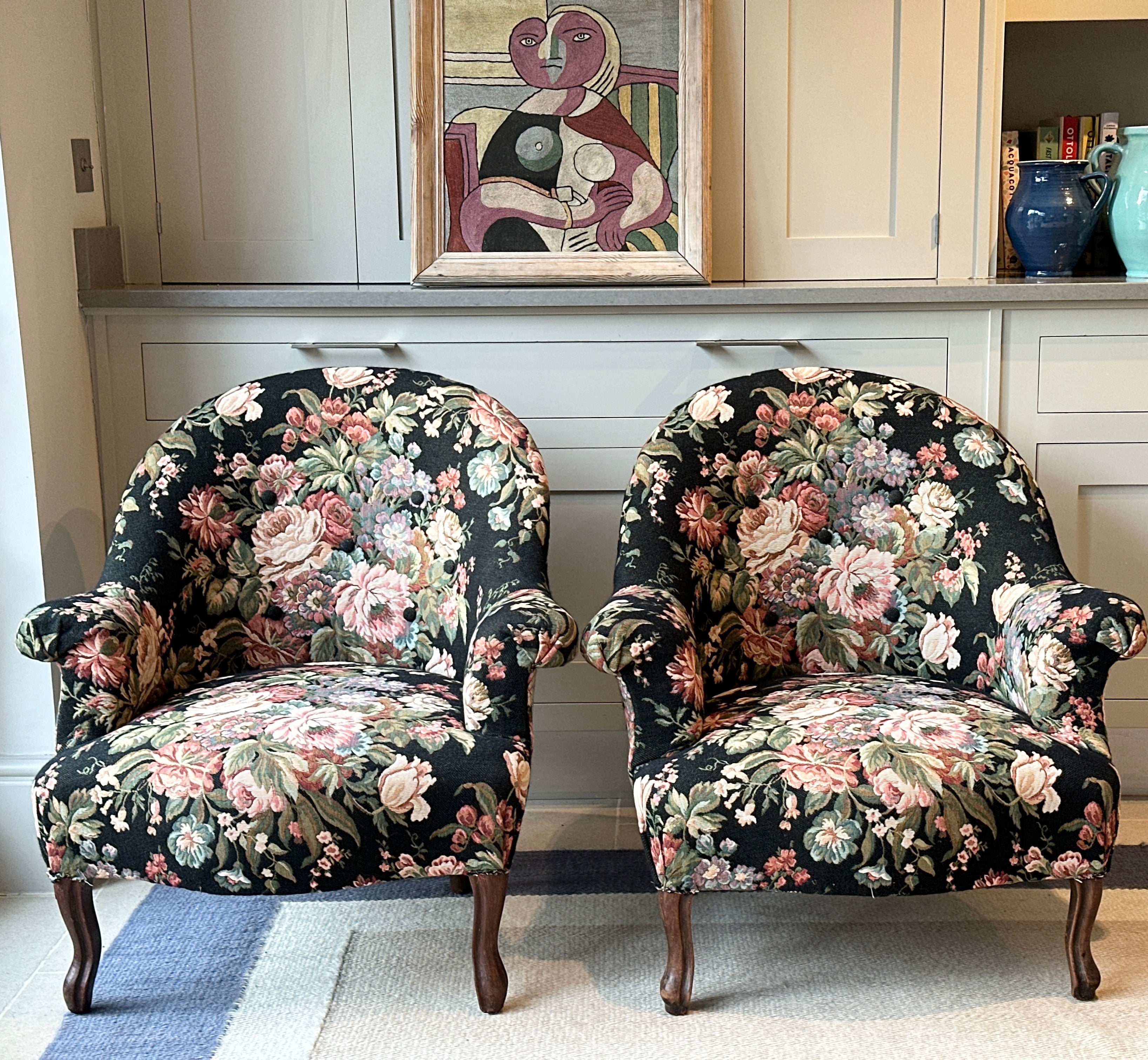 Pair of French 🇫🇷 Tub Chairs with original black floral tapestry fabric.