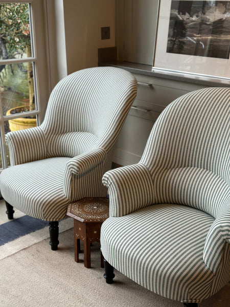 Large Pair of French Tub Chairs with Dark Green Ticking