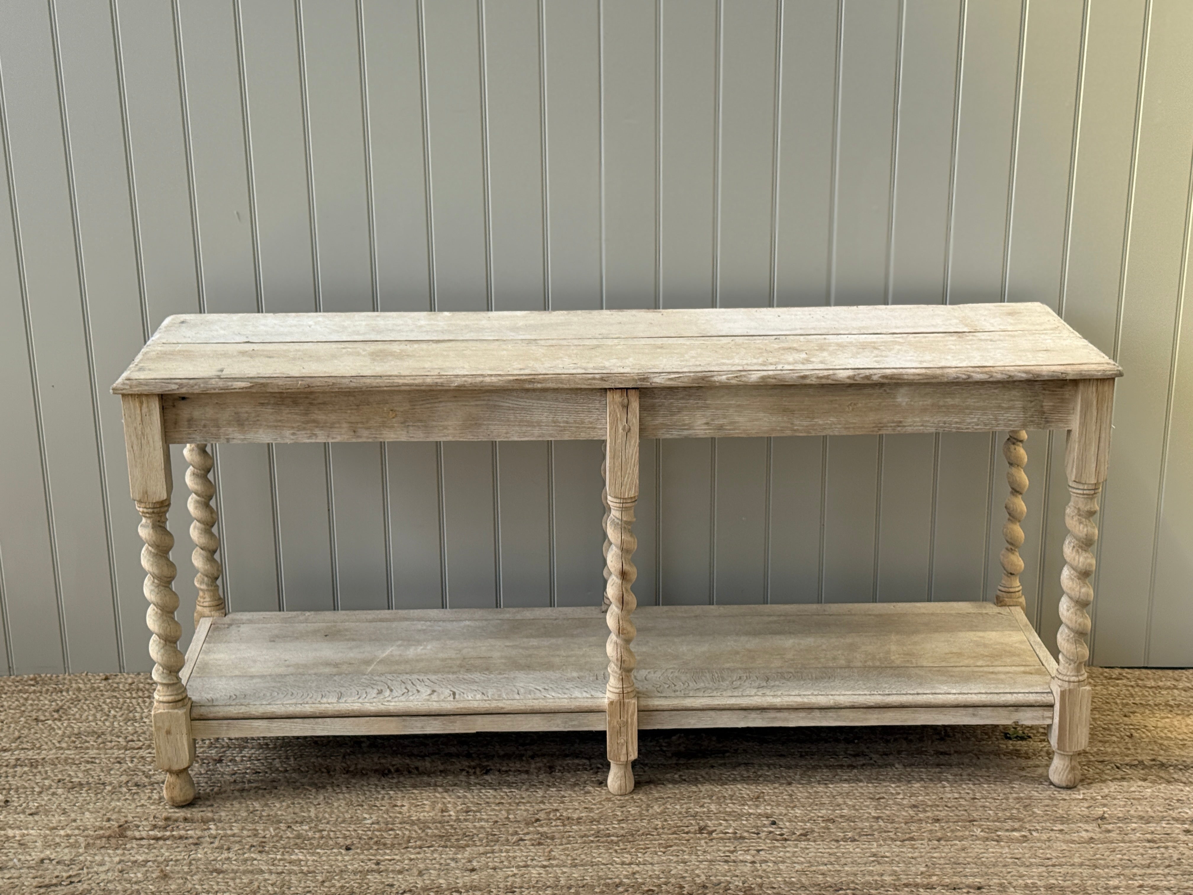 French Bleached Oak Two-Tier Console Table with Barley Twist Supports