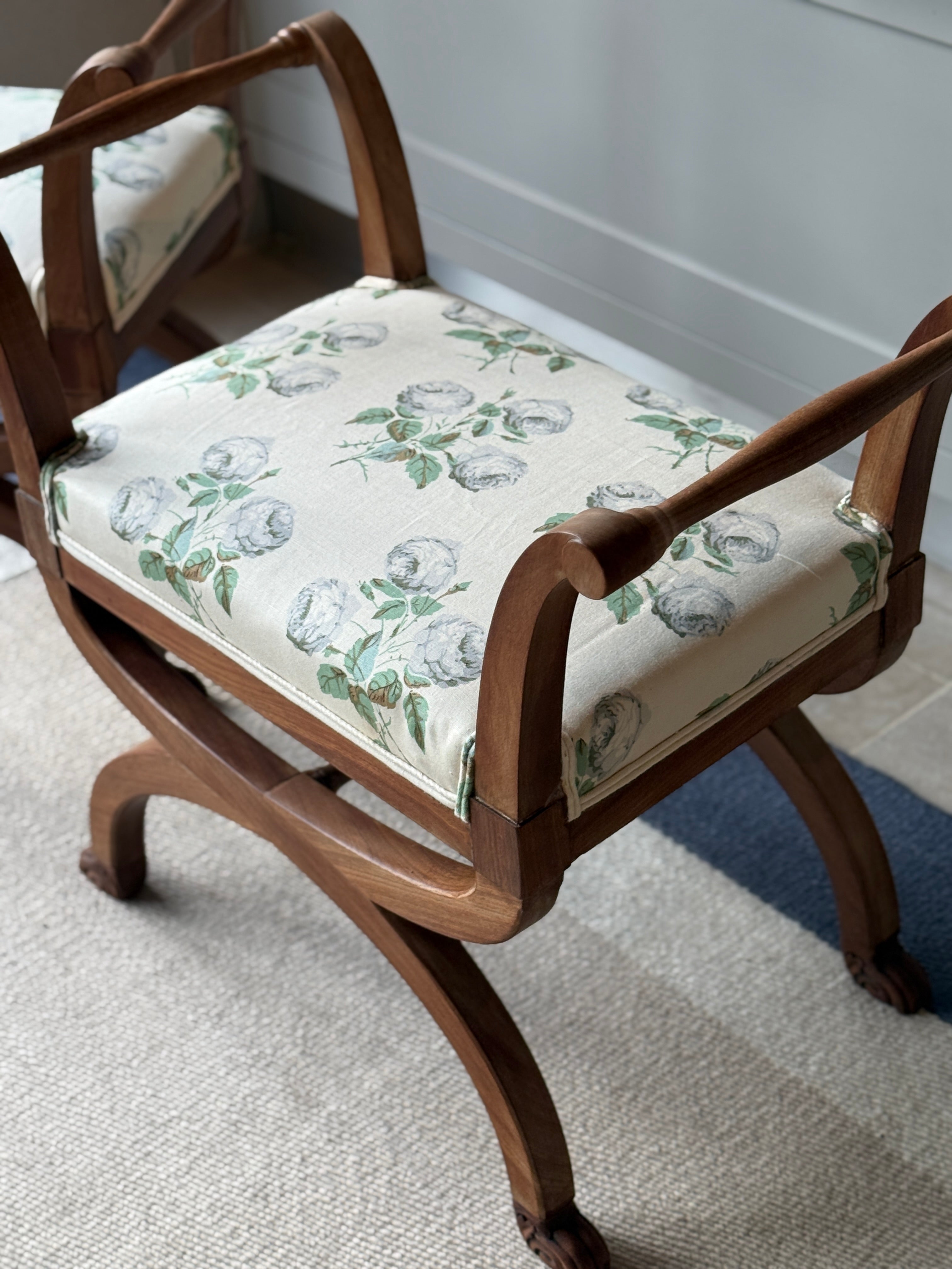 Pair of Bleached Mahogany X Frame Stools Upholstered in Colefax and Fowler Bowood