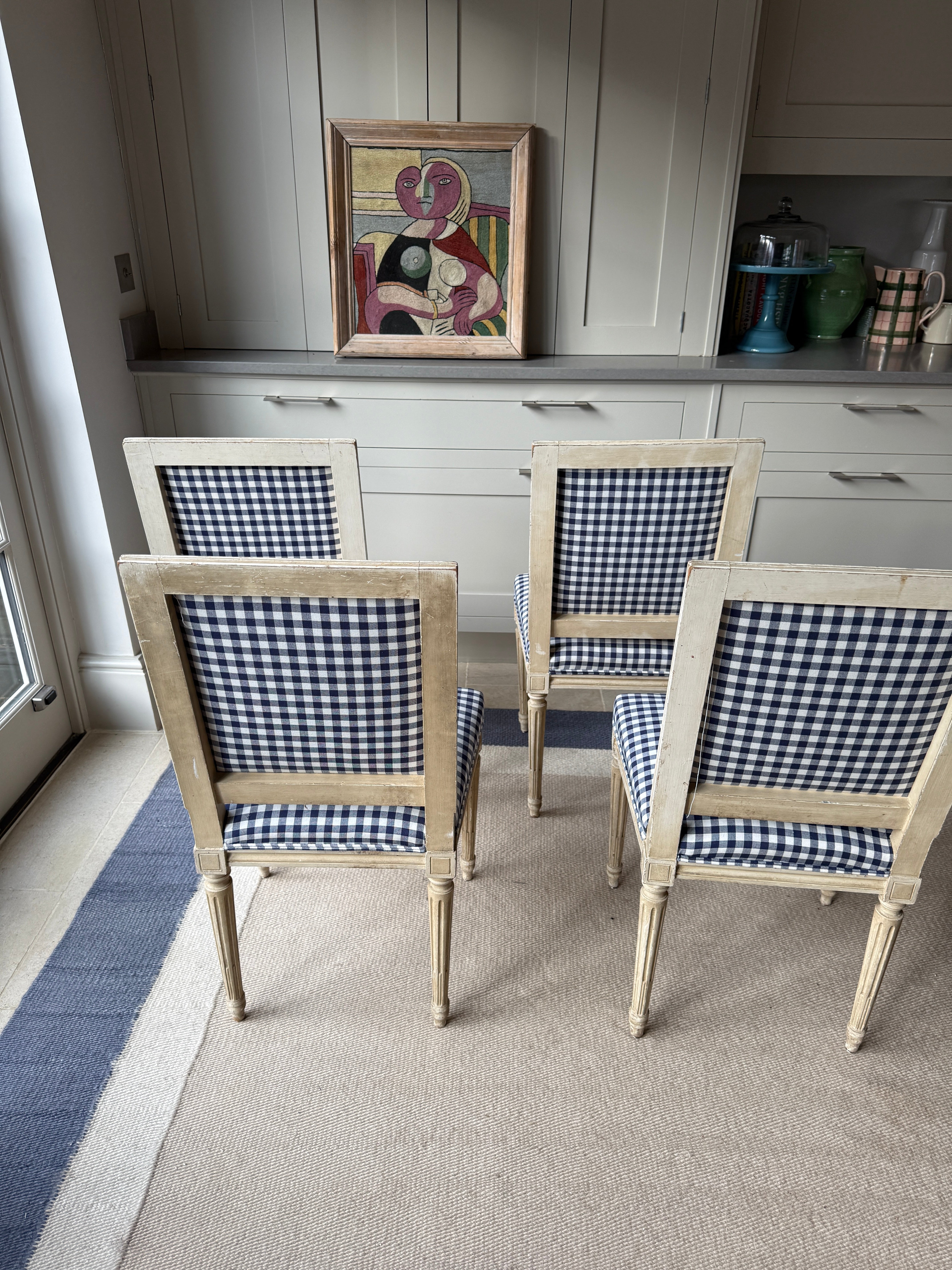 Set of 4 French Dining Chairs in Blue and White Gingham