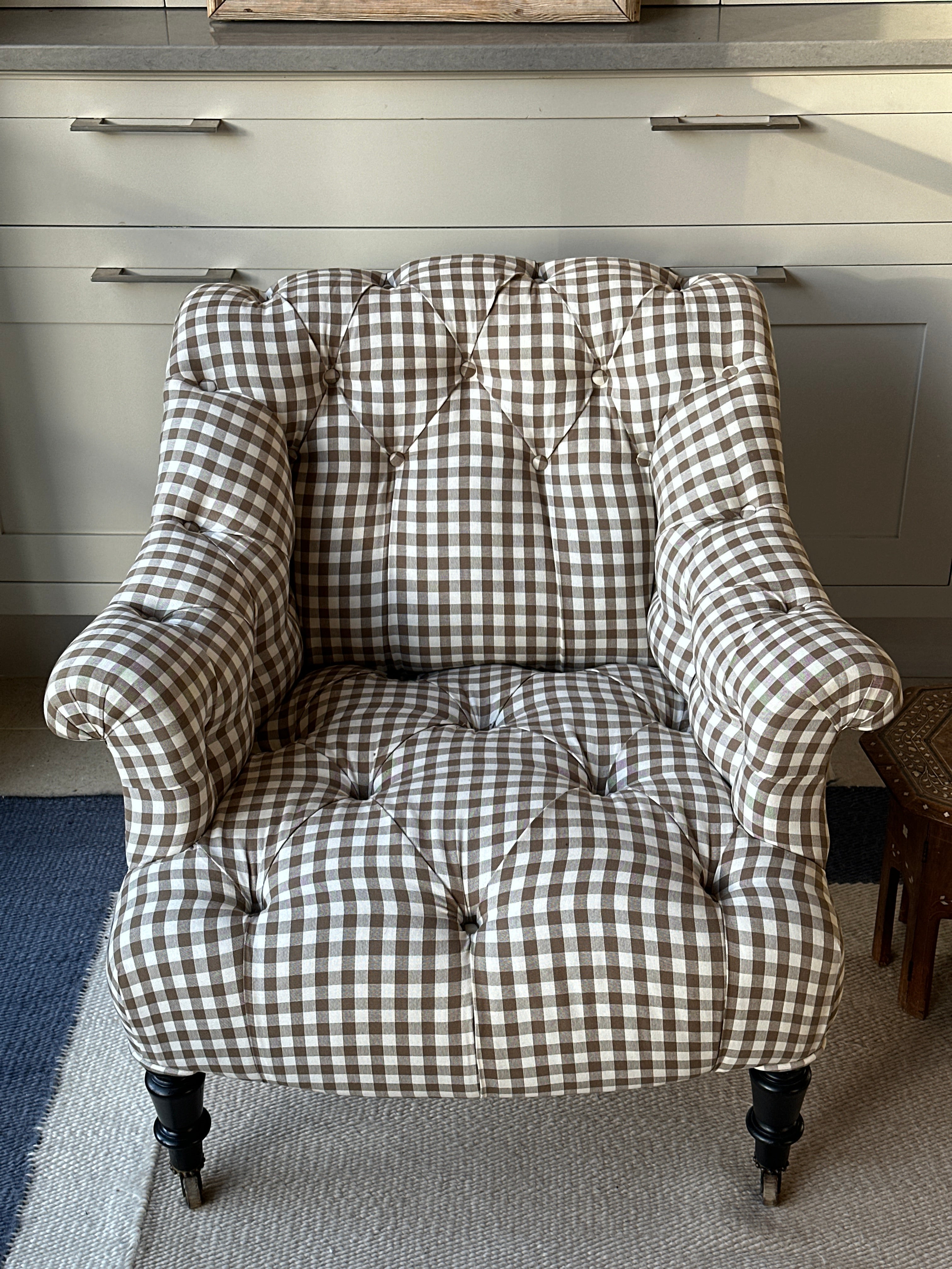 Small French Button Back Chair in Brown Gingham