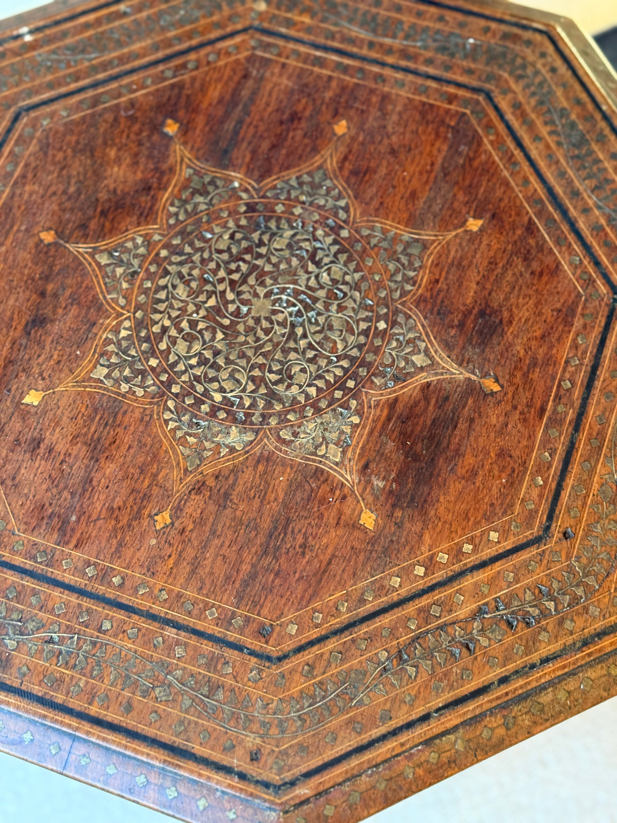 Antique Anglo-Indian Octagonal Folding Table with Brass Inlay