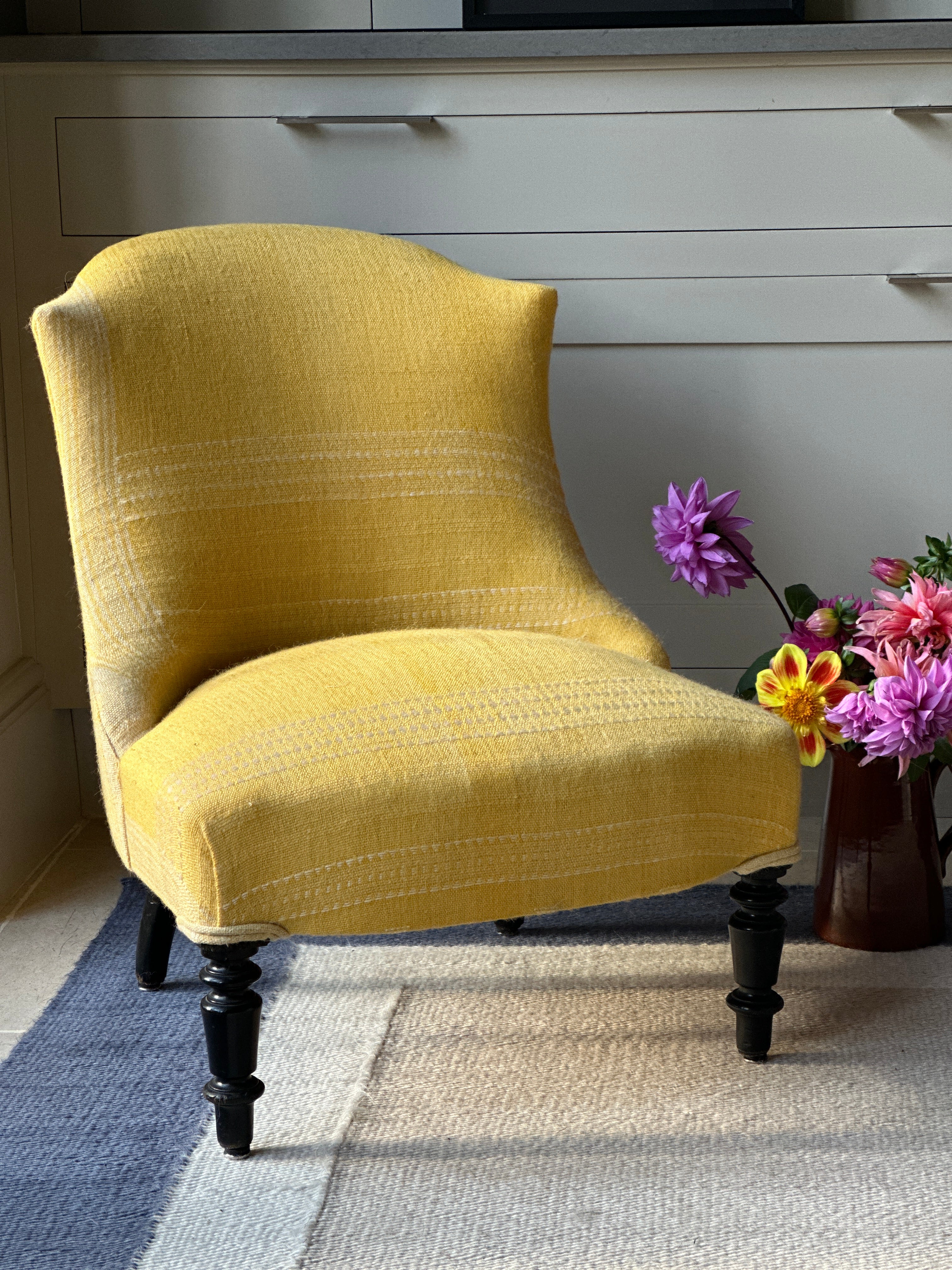 French Slipper Chair in vintage yellow Indian Camel Wool textile