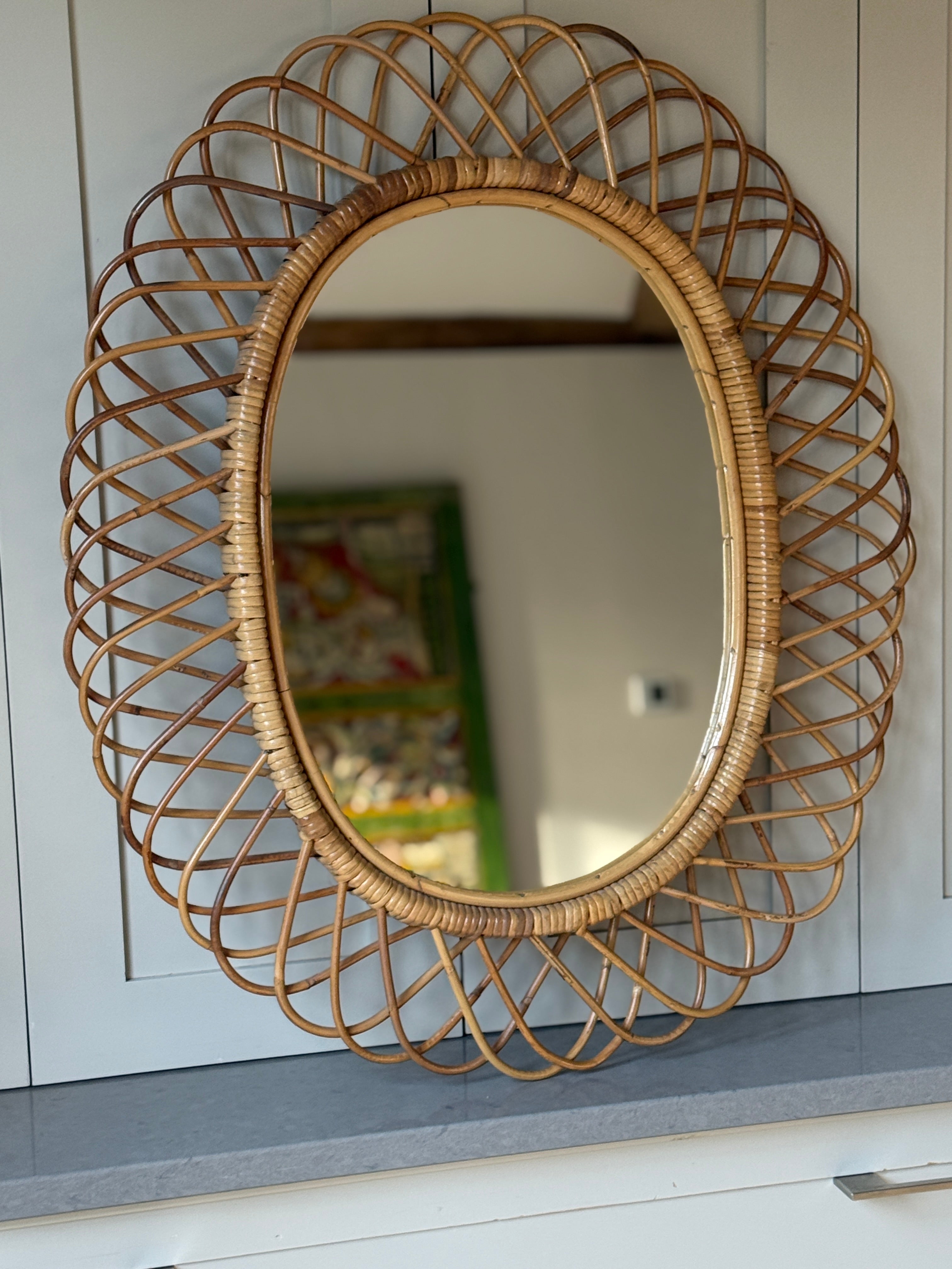 Large Franco Albini Oval Cane Mirror