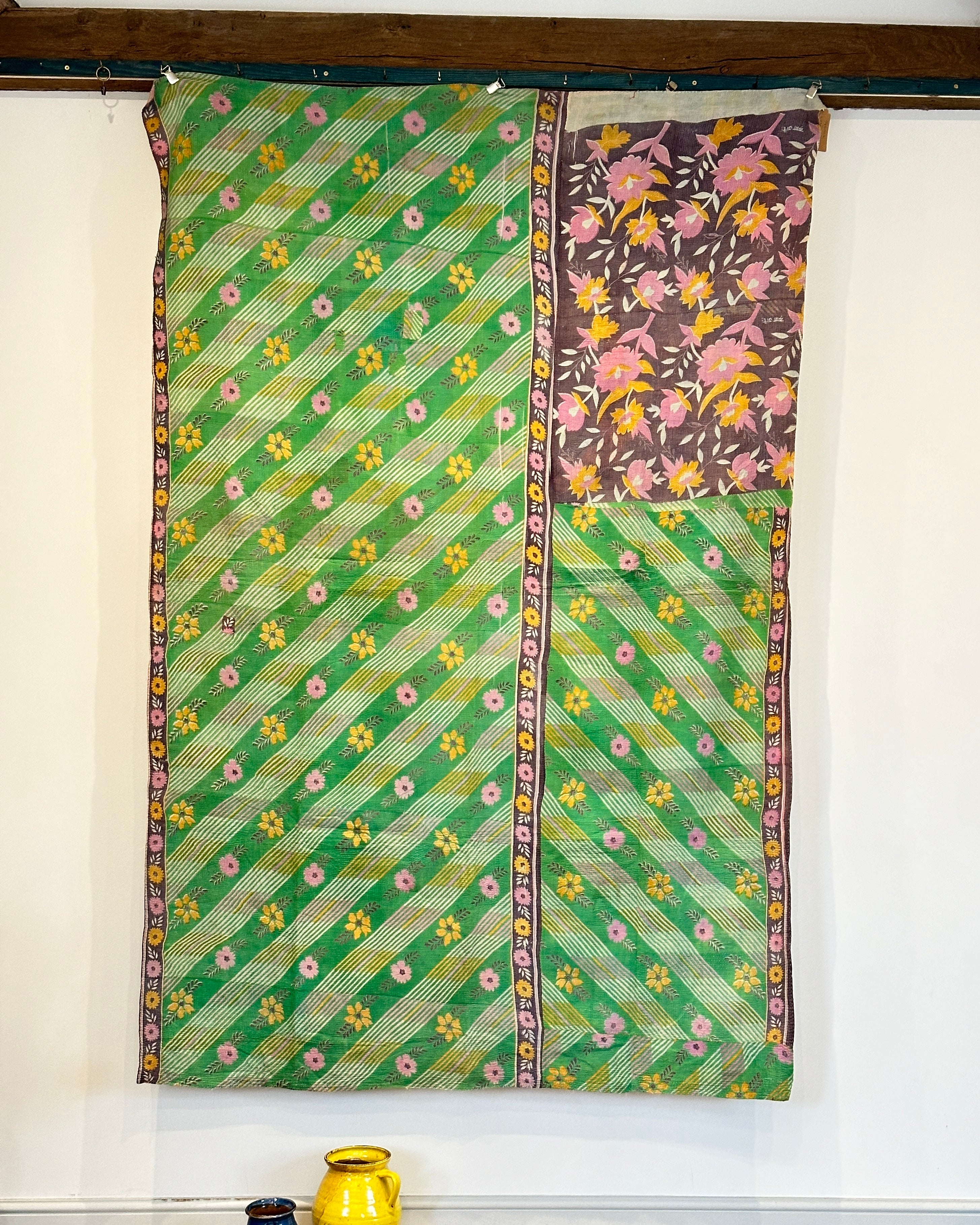 Vintage Kantha in Green, Purple and Yellow