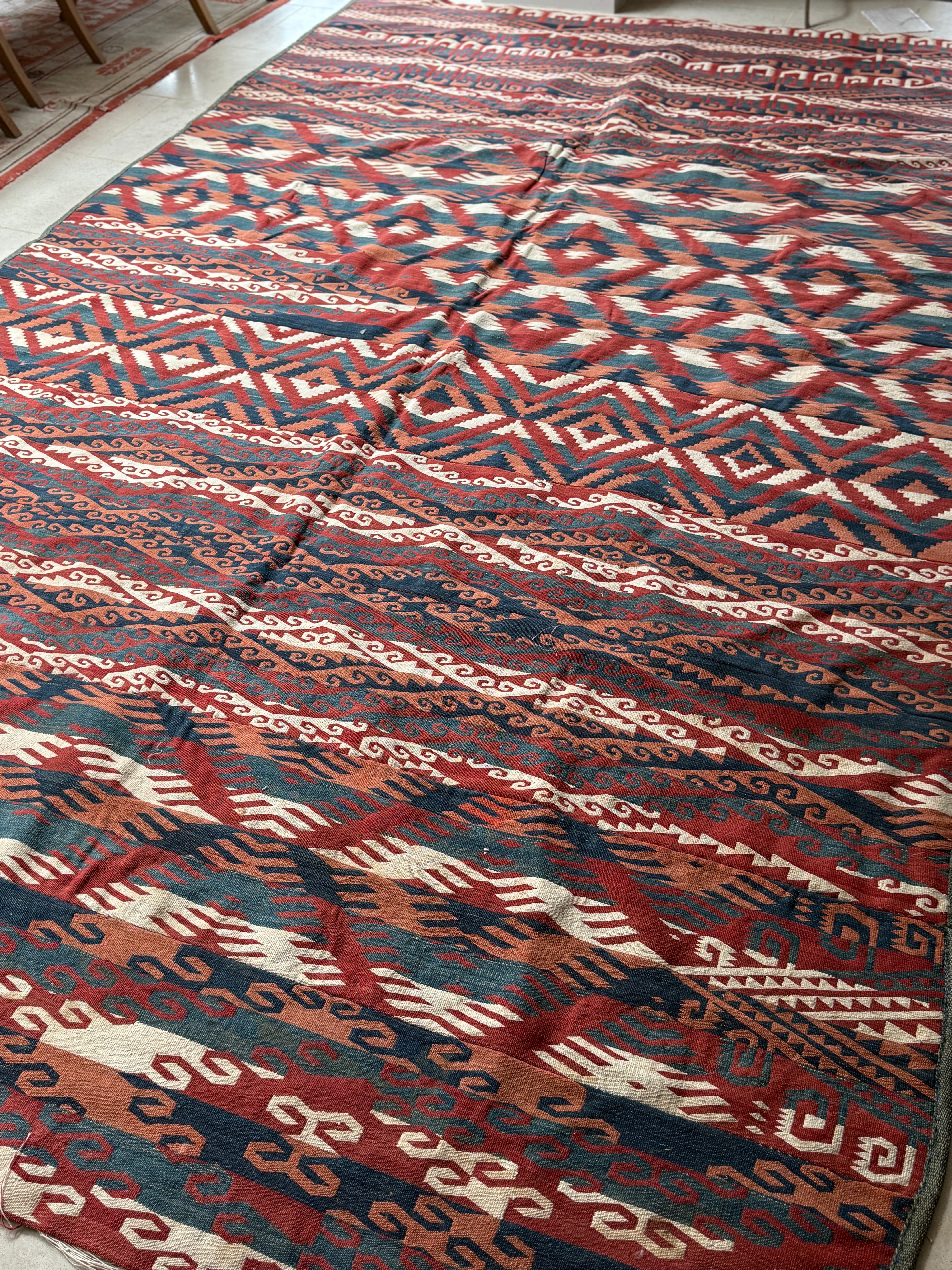 Large Polychrome Uzbek Flatweave Rug with geometric patterns
