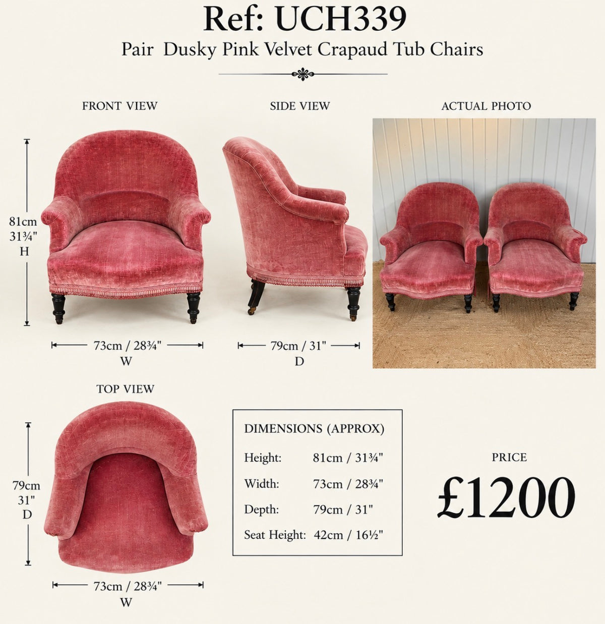 Pair Dusky Pink Velvet Crapaud Chairs — specification