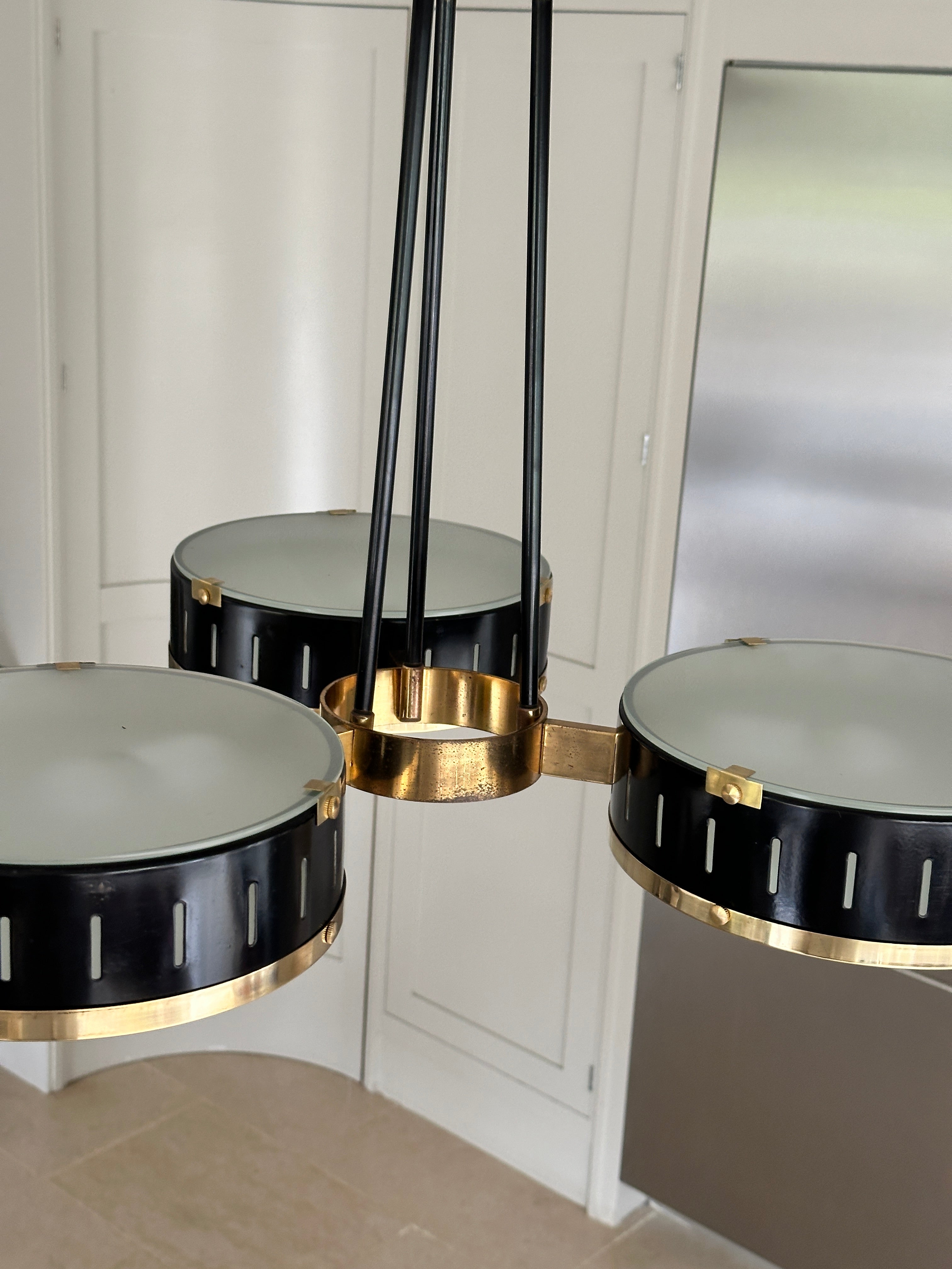 Large Italian 🇮🇹 1950s Suspension light in black metal  and brass by Stilux Milan.