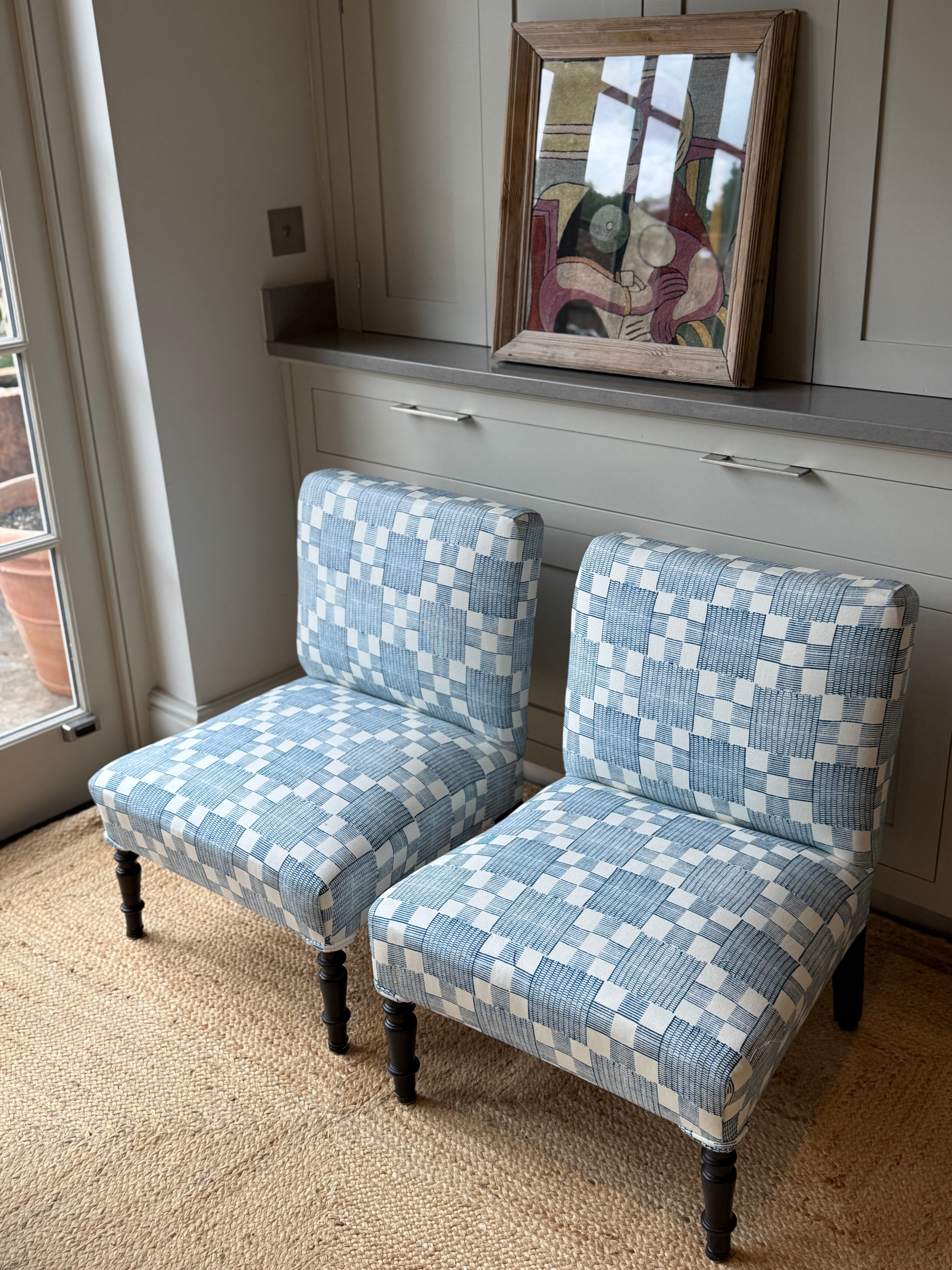 Pair of French Slipper Chairs in Jennifer Shorto Petrol Blue Panama