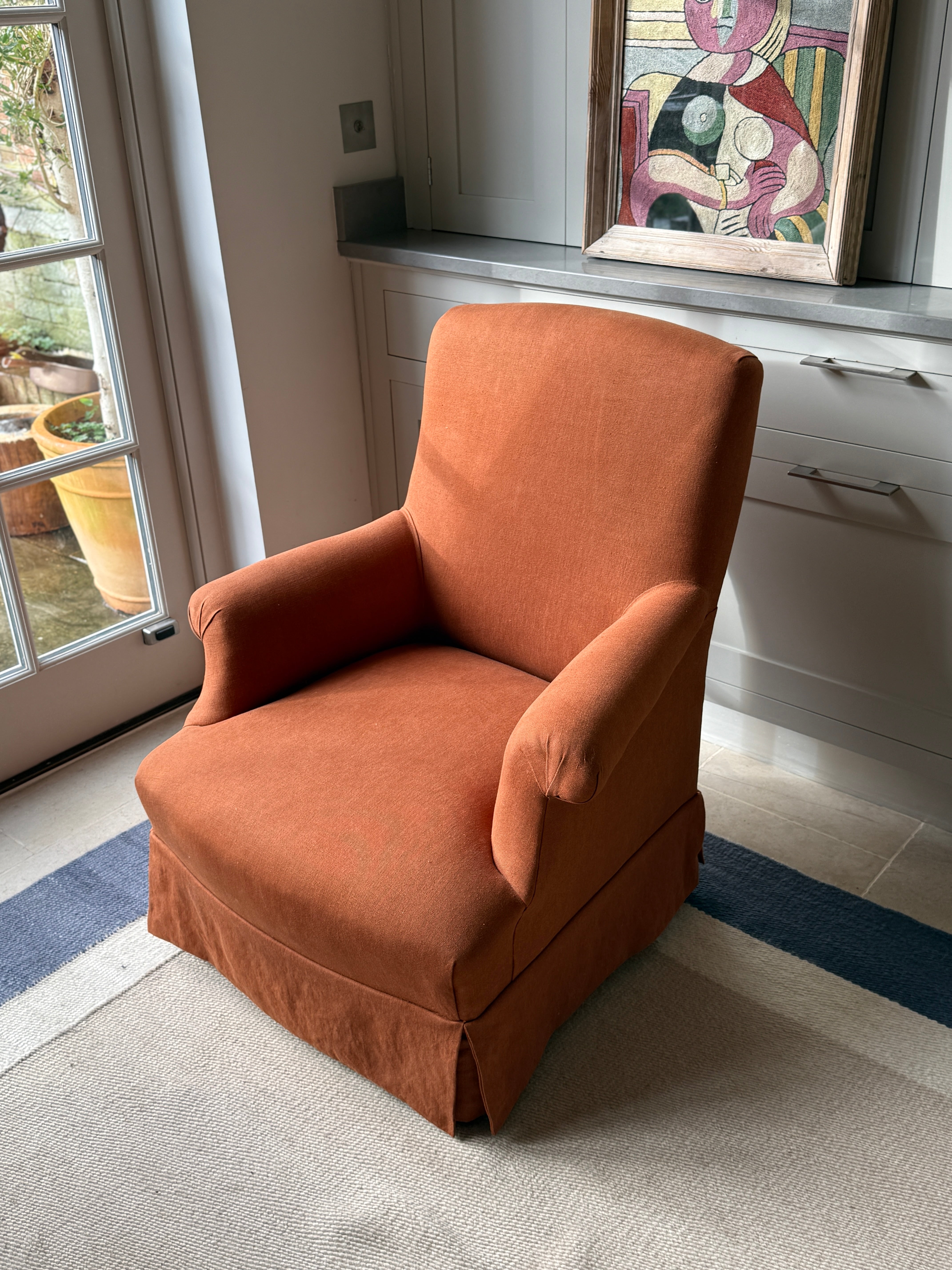 French Squareback Armchair in Rust Linen