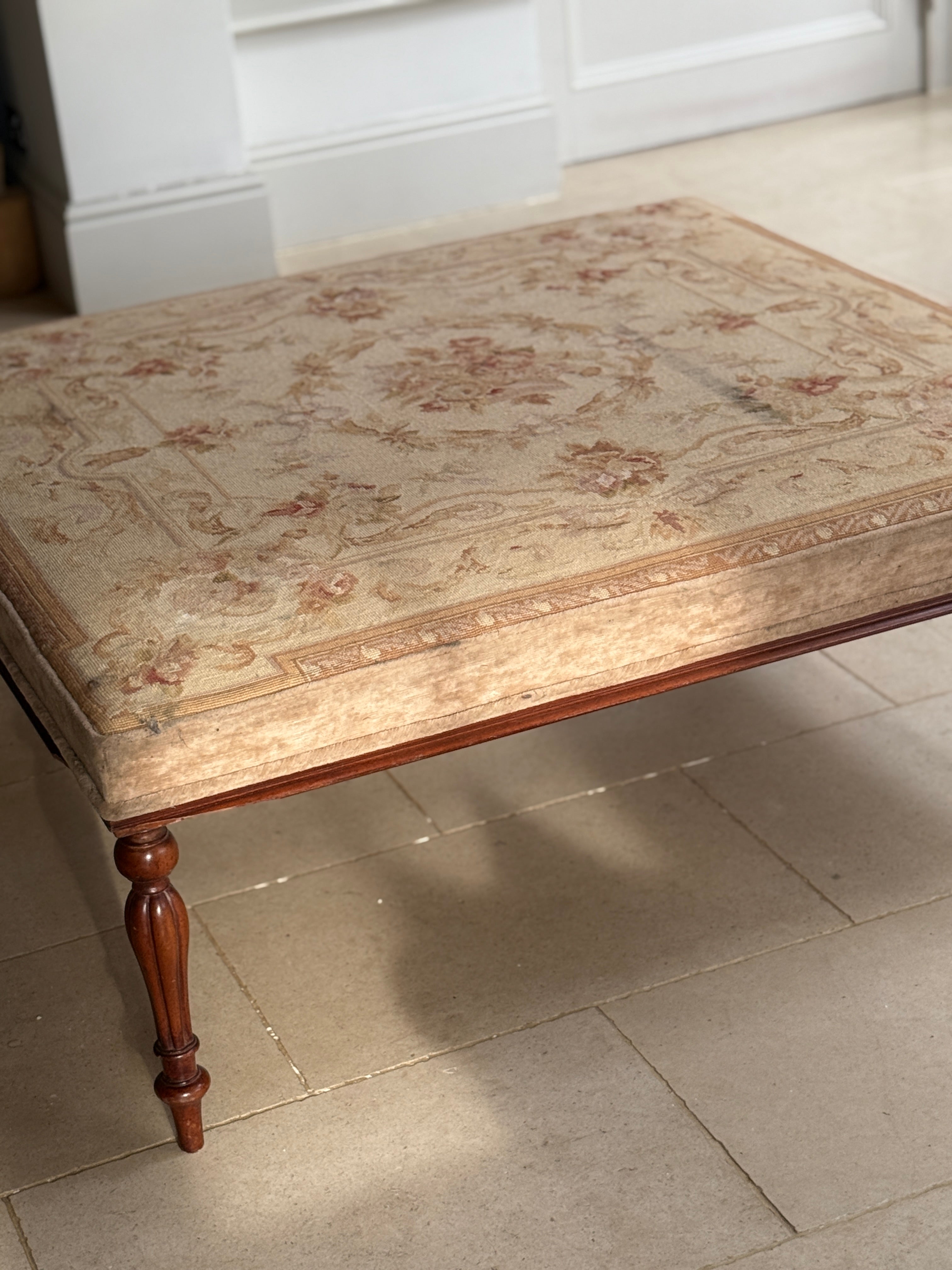 Large Victorian Ottoman Footstool with Needlepoint Top