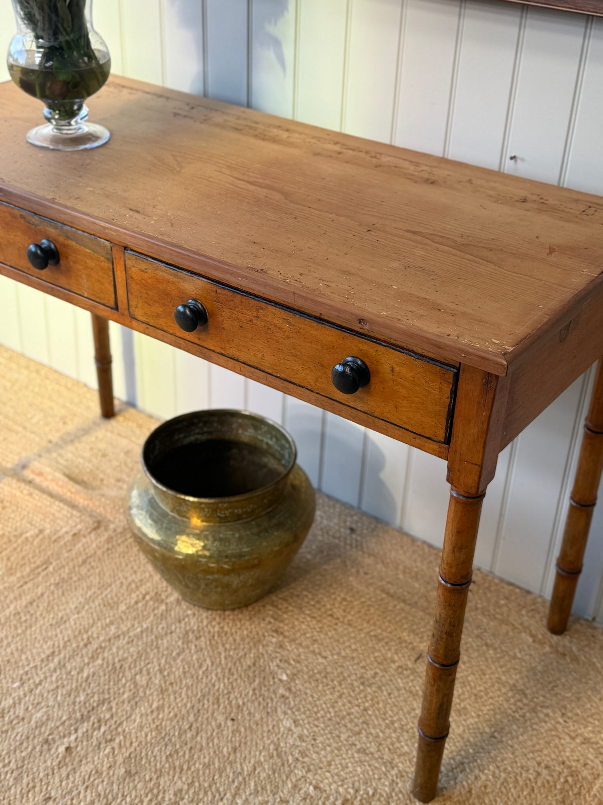 Regency Pine Side Table with Faux Bamboo Legs and Two Drawers
