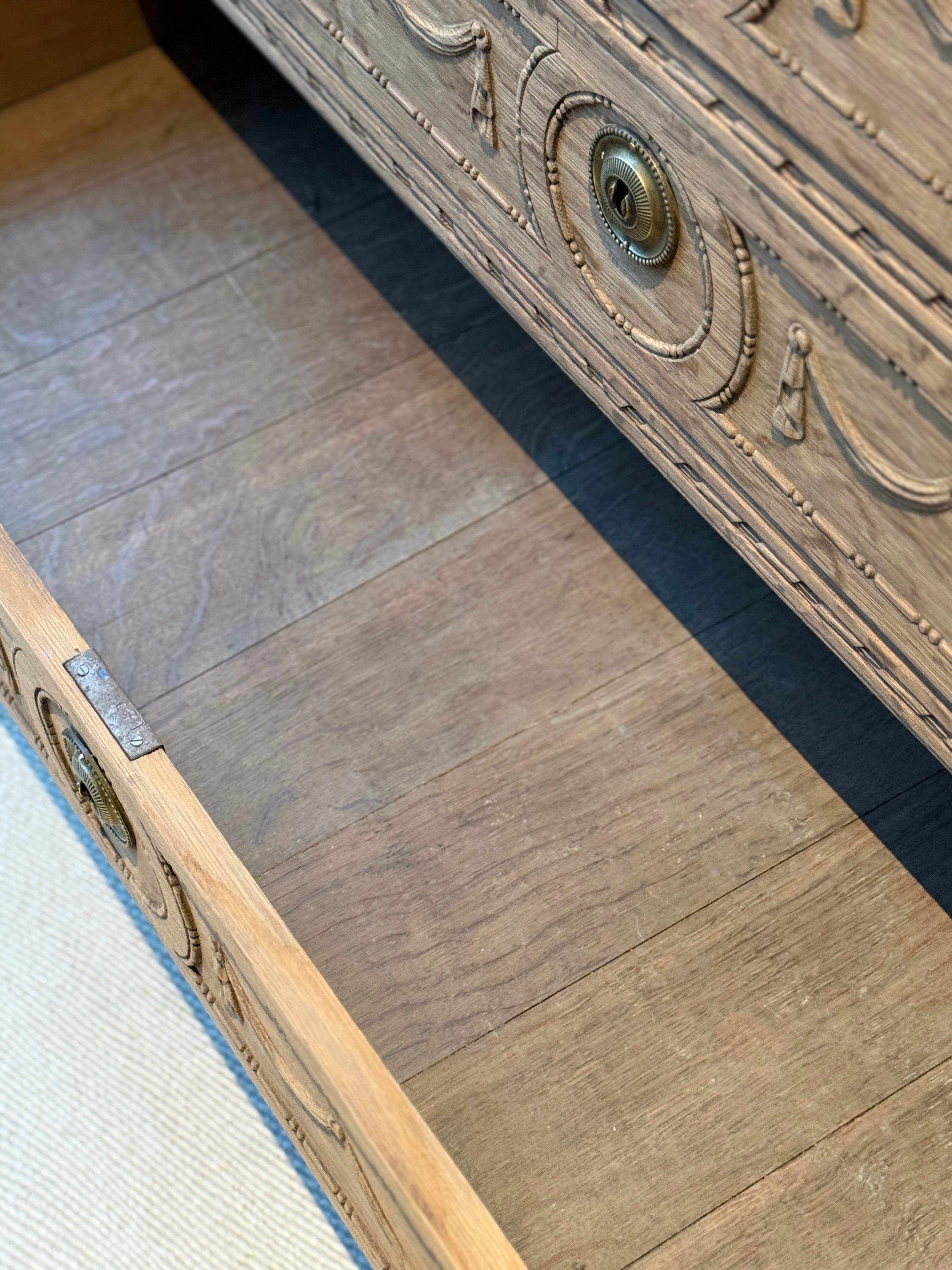 Bleached Oak Commode with Carved wood detail throughout