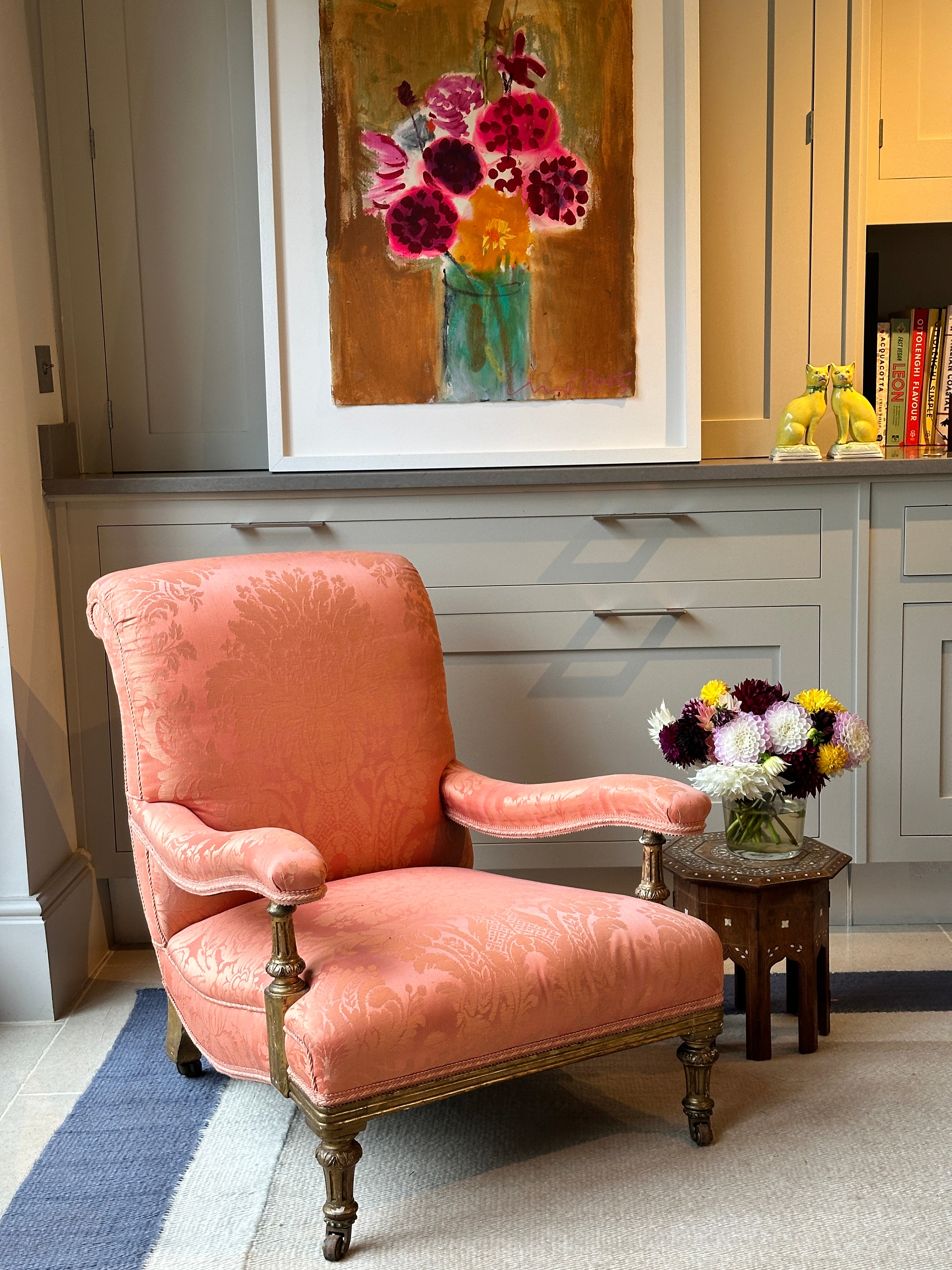 Country House Open Armchair in salmon pink damask.