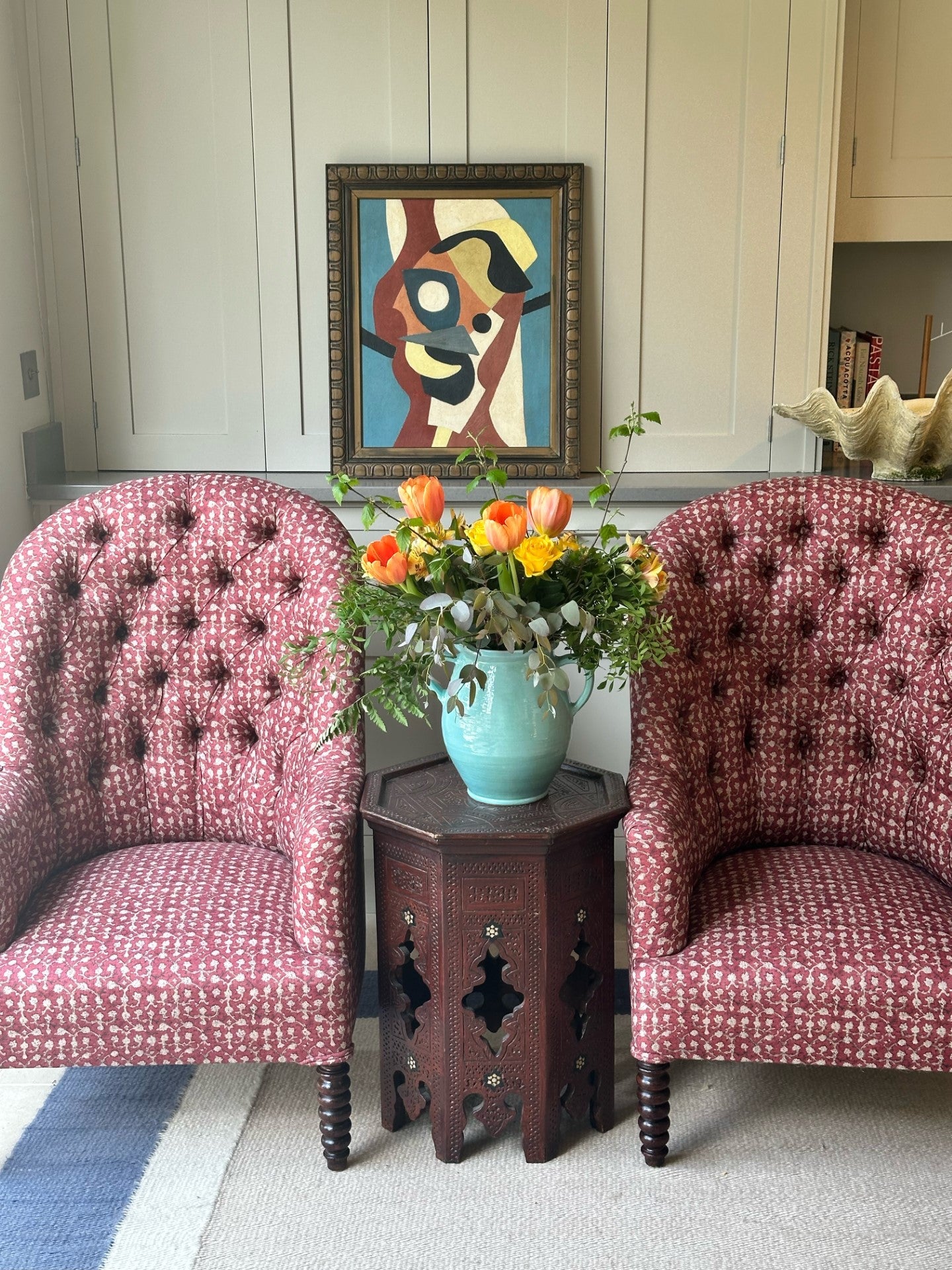 Amazing French Button Back Armchairs with Bobbin Turned Mahogany Feet and Upholstered in Robert Kime Ume Red