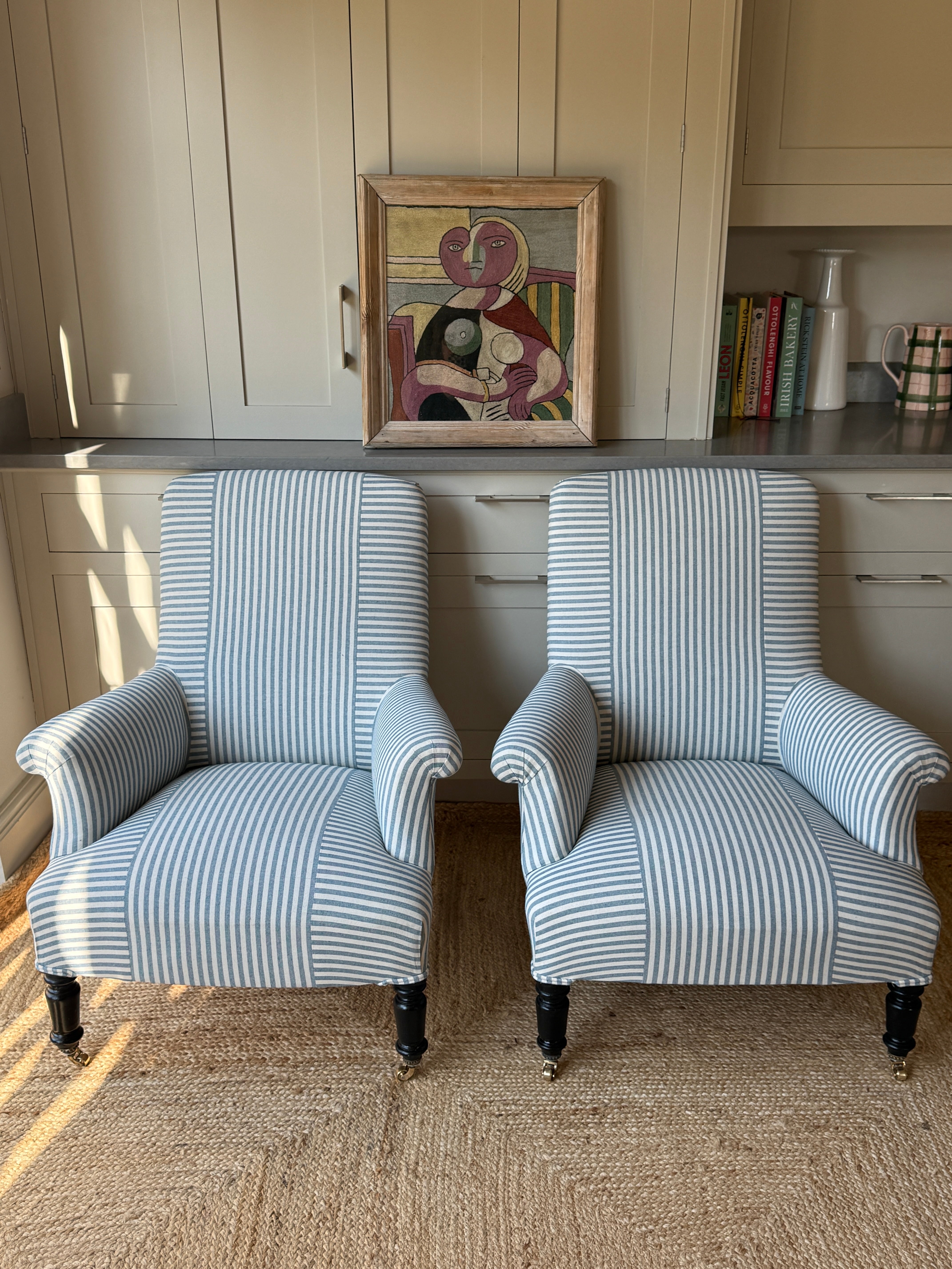 Pair of French Armchairs in Blue & White Ticking with Criss Cross Design