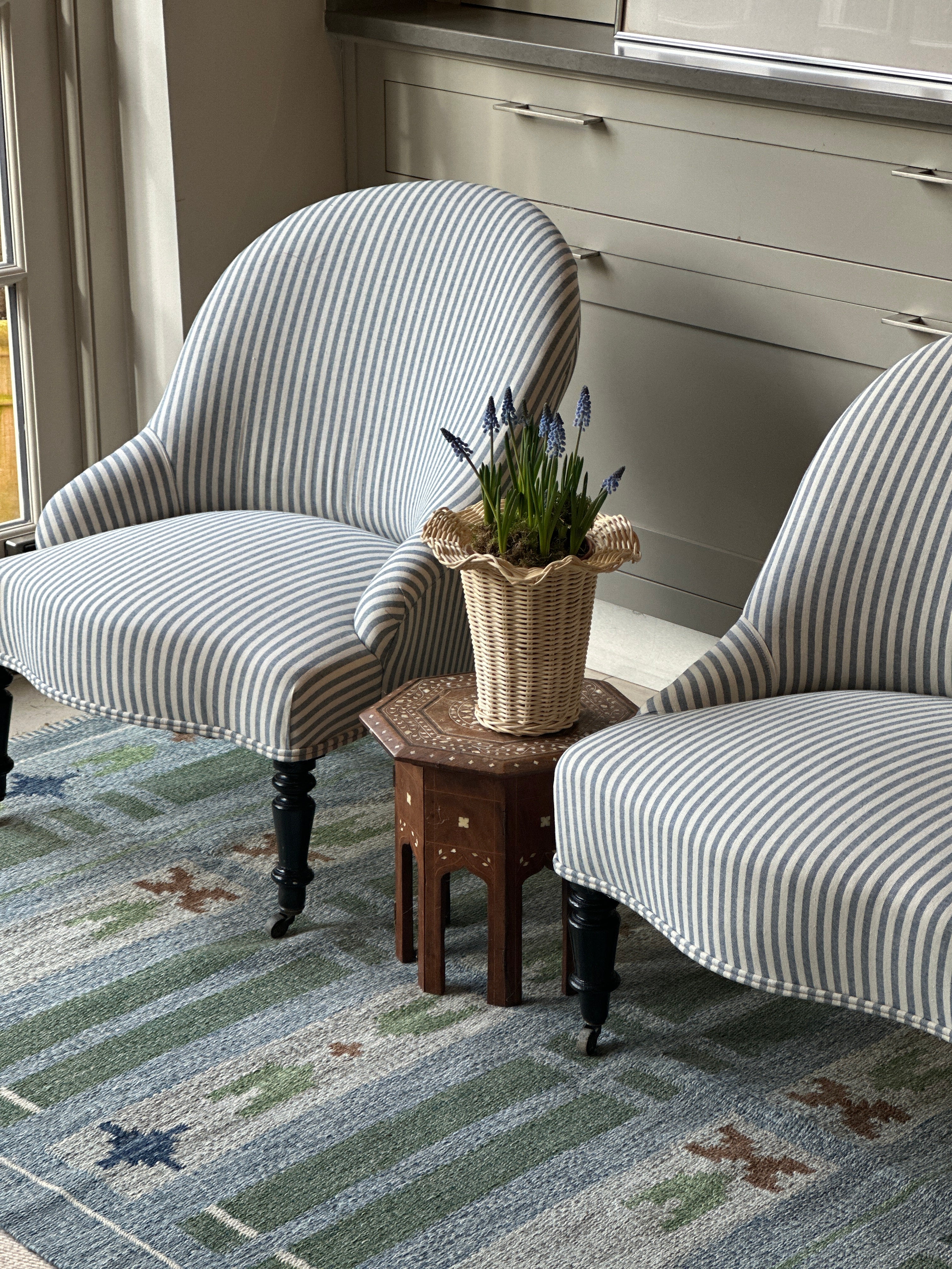 Pair of C19th French Slipper Chairs in Blue Ticking