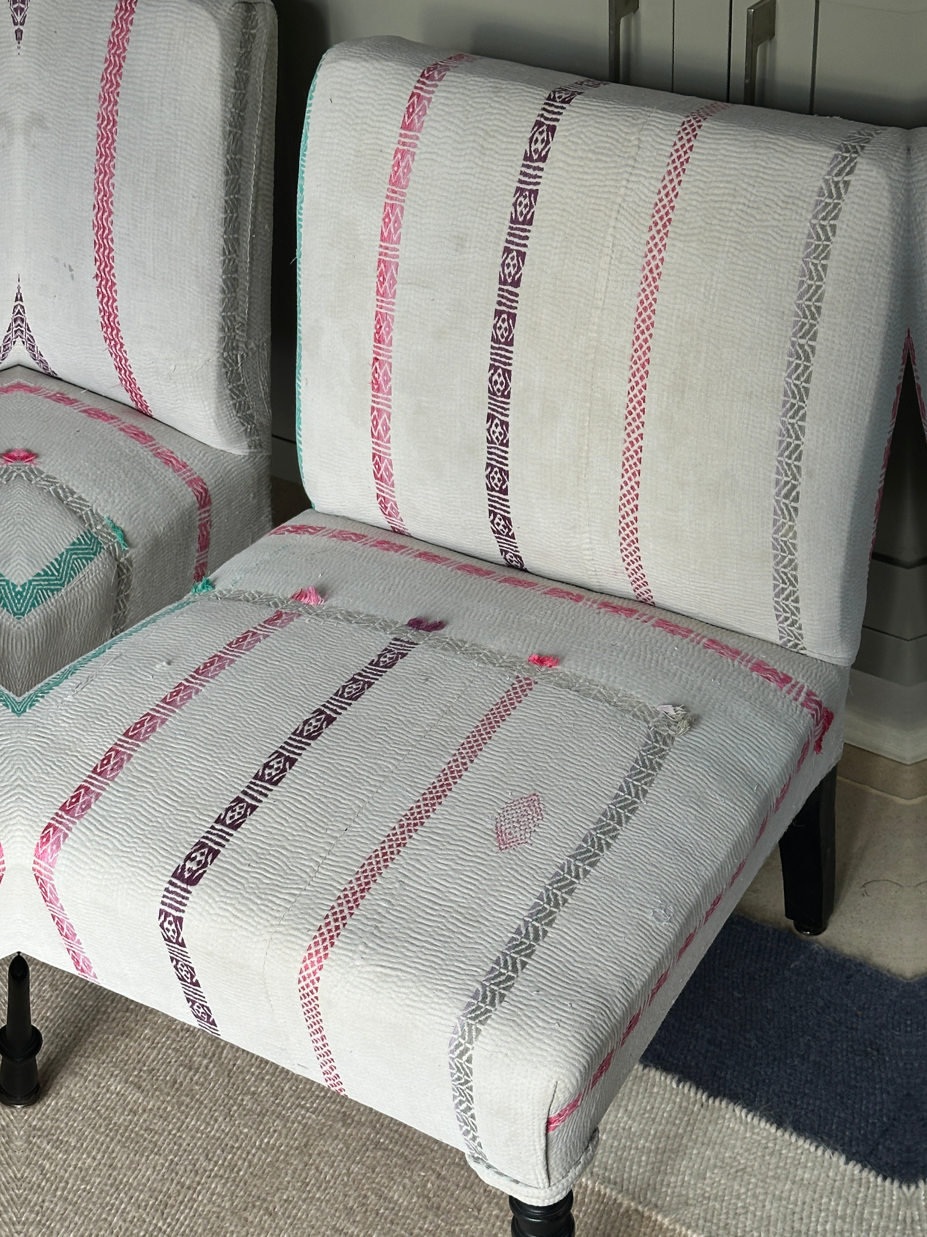 Sweet Pair of French Slipper Chairs in a Candy Striped Kantha