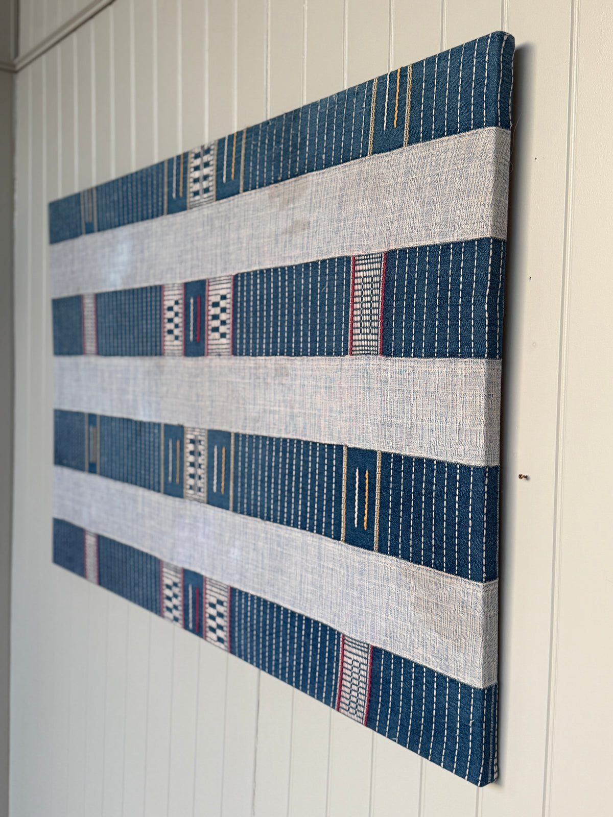 Large Framed Blue Striped Senufo Cloth