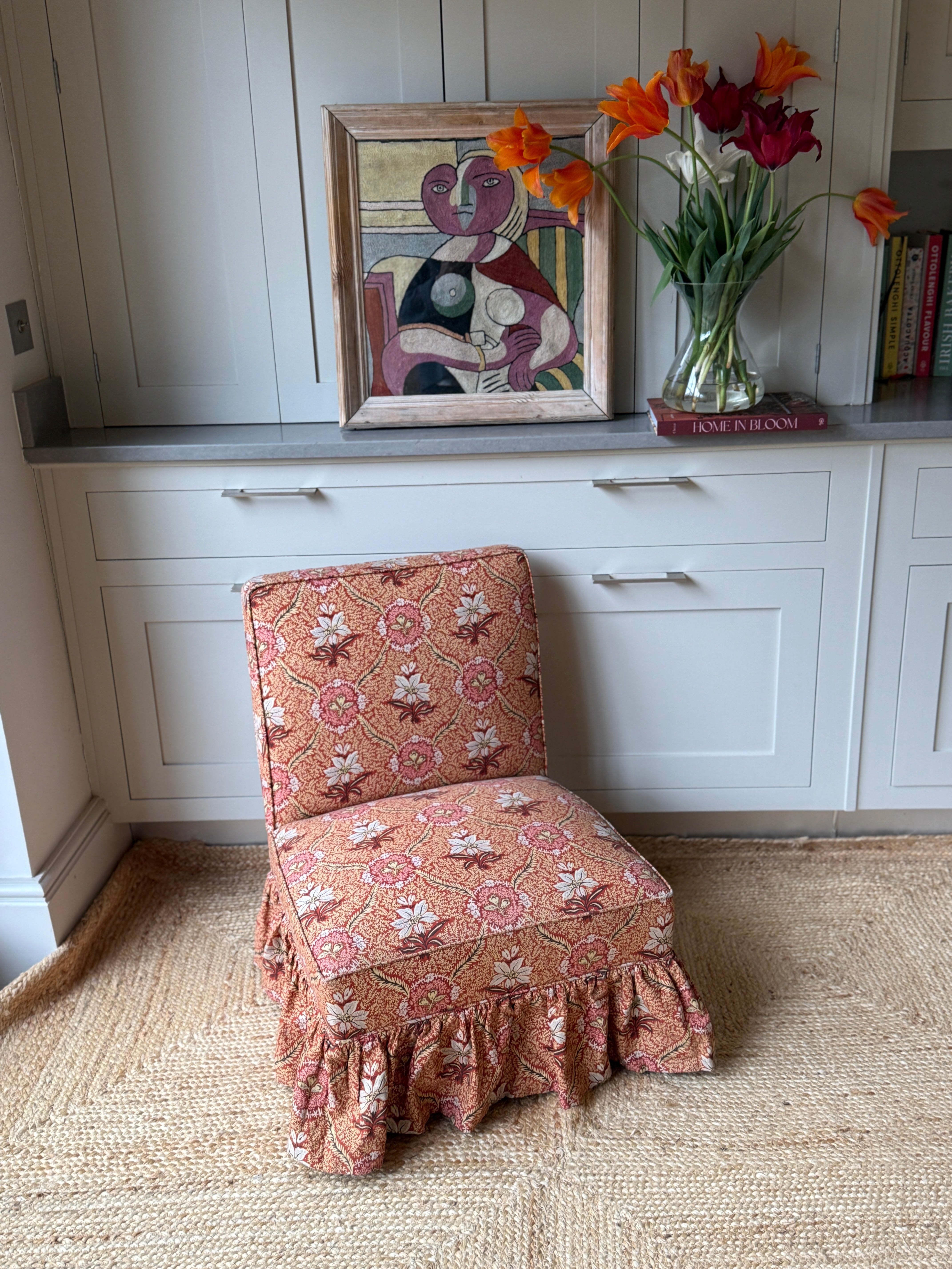 French Antique Slipper Chair with vintage floral fabric