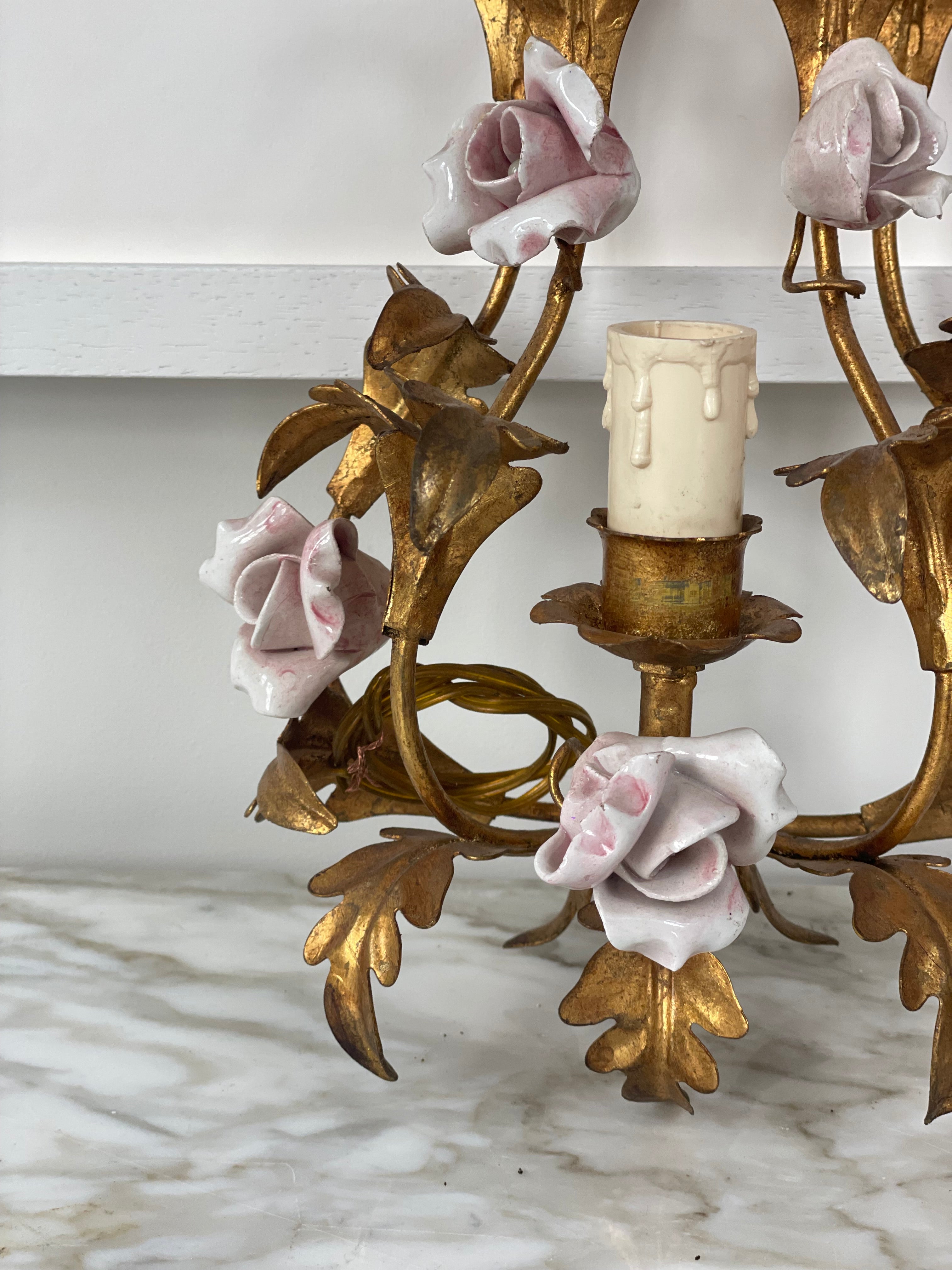 Pair of Gilt Toleware Wall Lights with Ceramic Roses