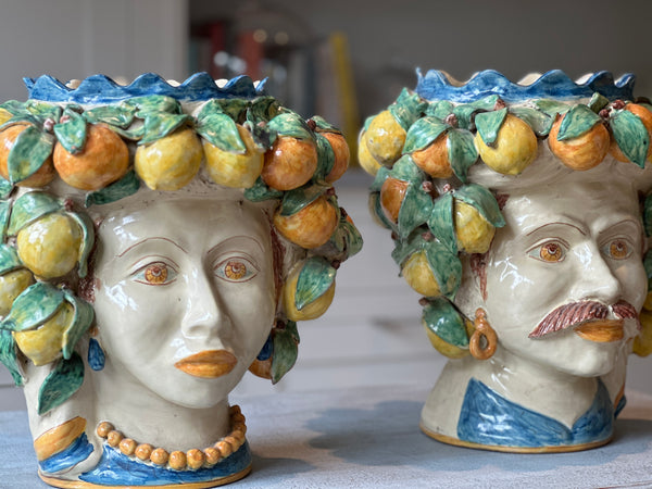 Large Pair of Vintage Sicilian Moor Heads with lemon and orange headdress.