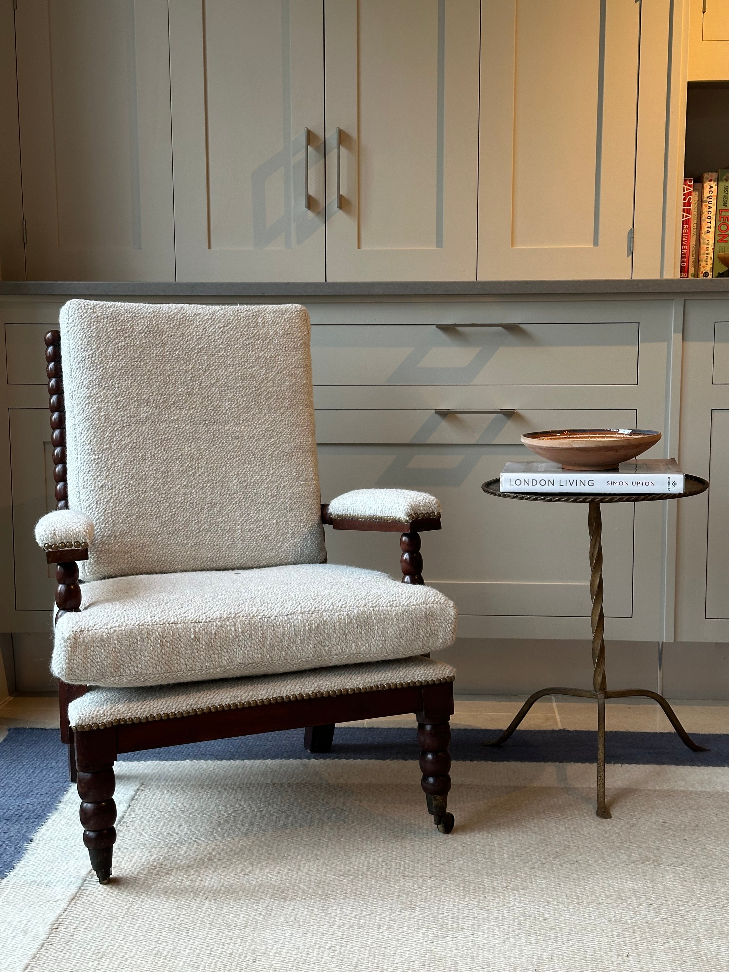 Early C20th Bobbin Turned Open Chair in soft oatmeal coloured wool