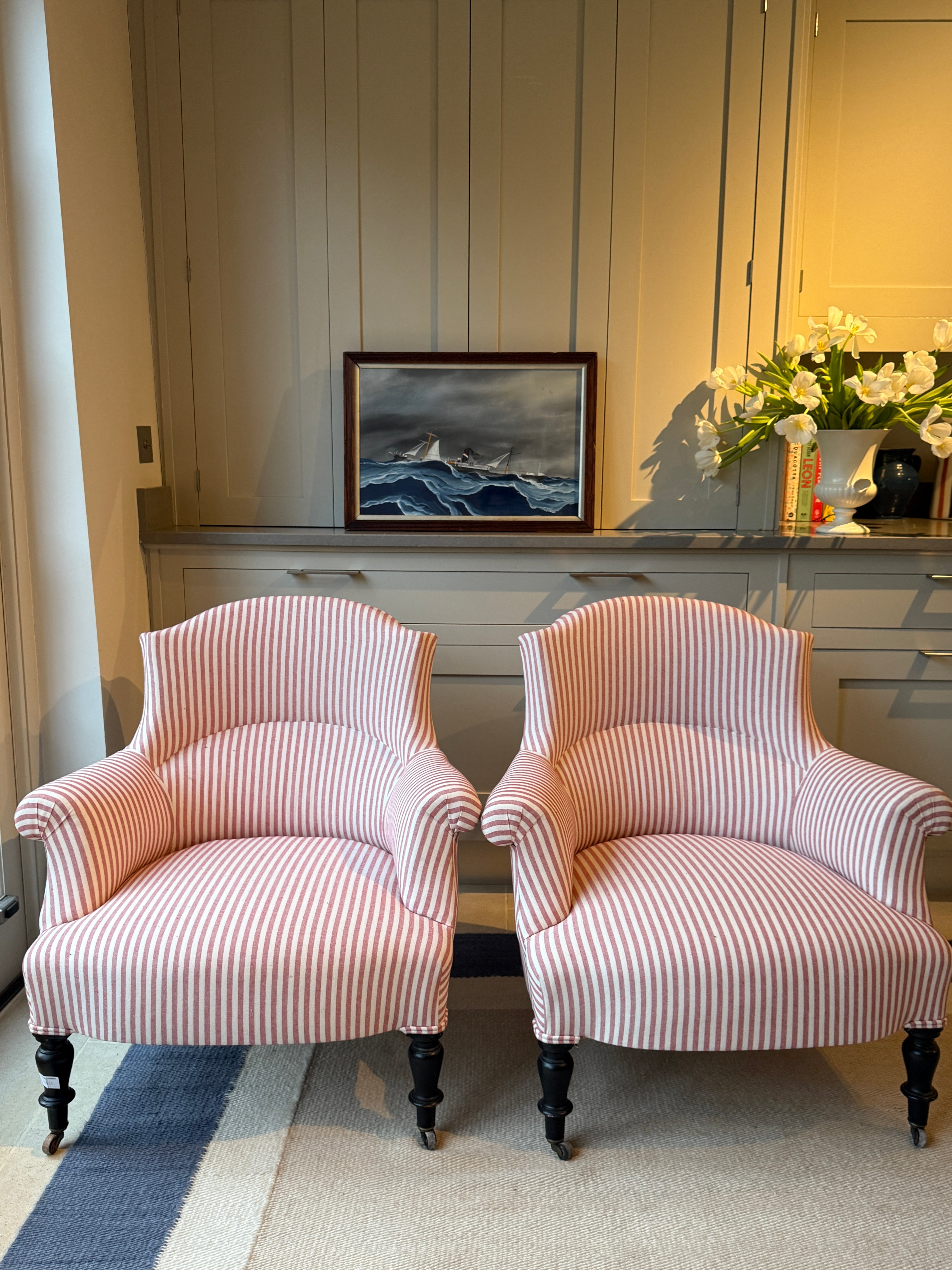 Pair Napoleon III Crapaud Chairs in Red and White Ticking