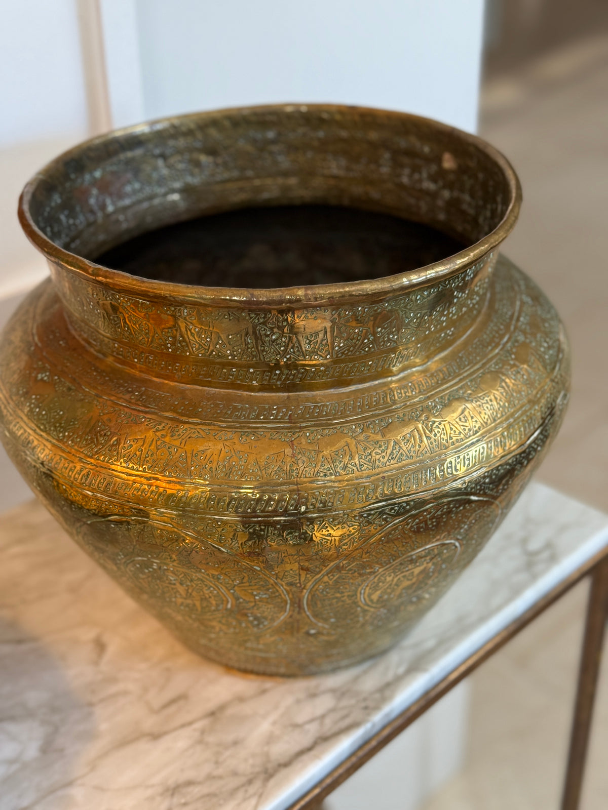 Antique Engraved Brass Jardinière, Middle Eastern Mamluk Revival Style