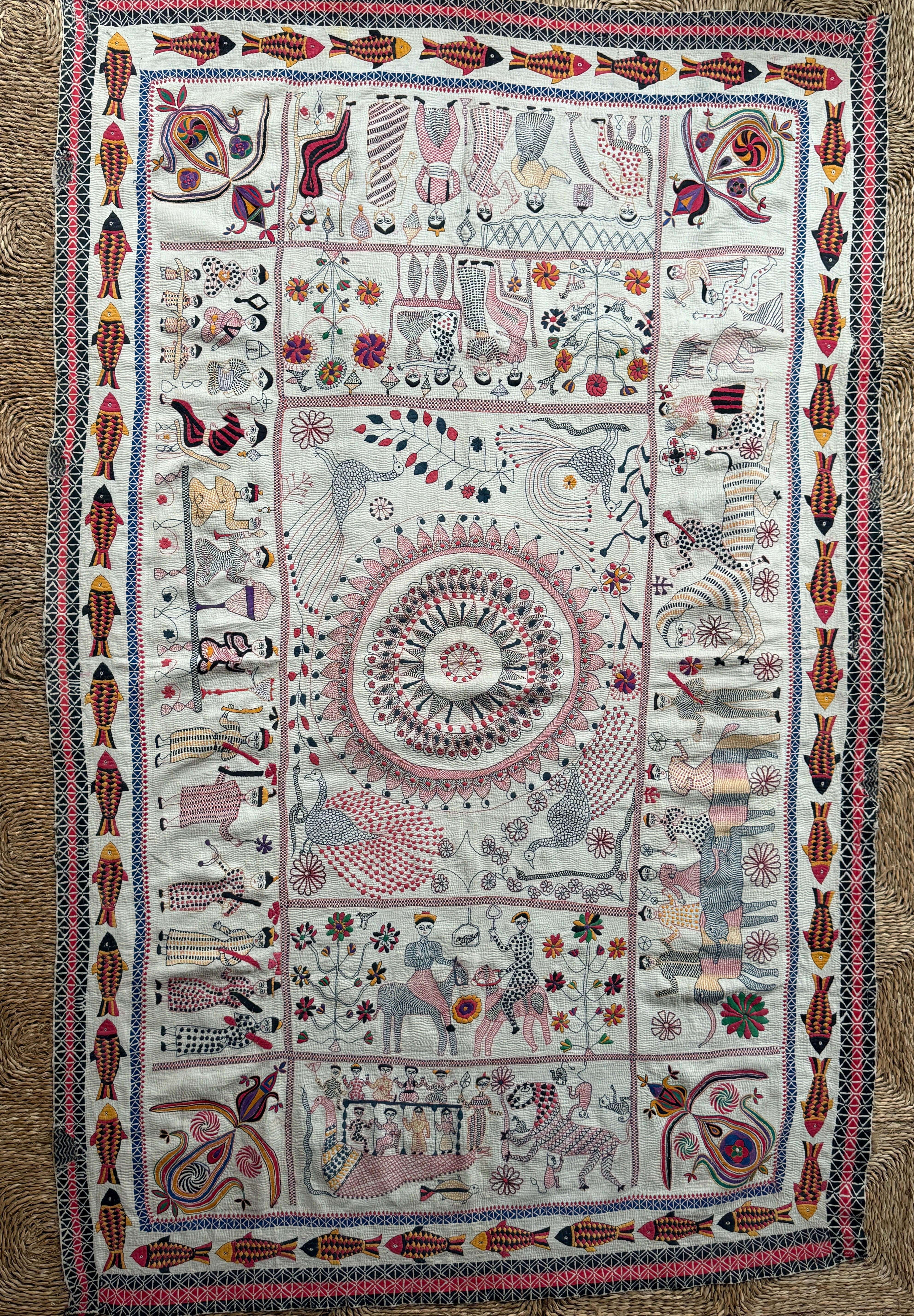 Rare Bengali Nakshi Kantha with Fish Border c late 19th Century
