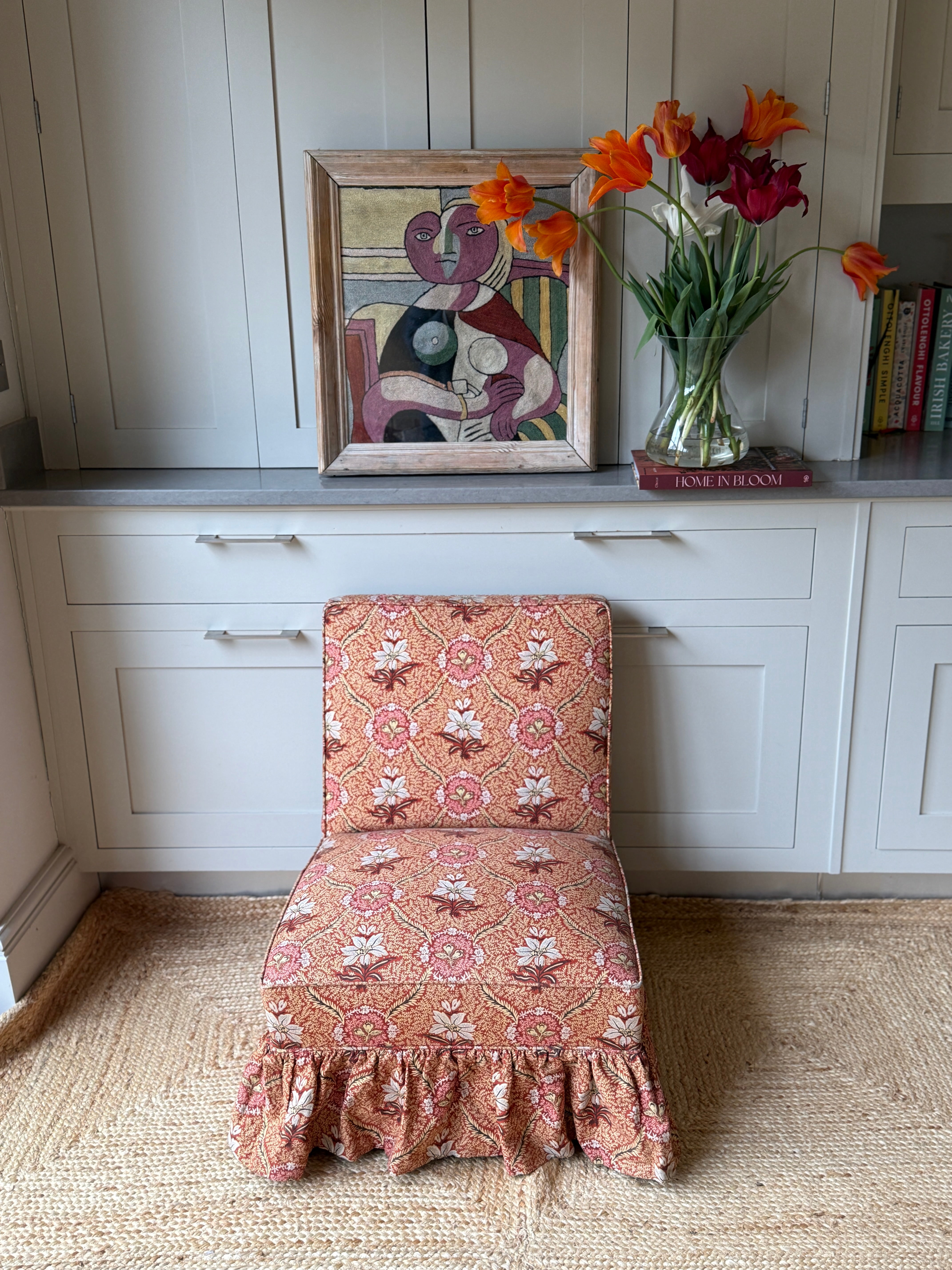 French Antique Slipper Chair with vintage floral fabric