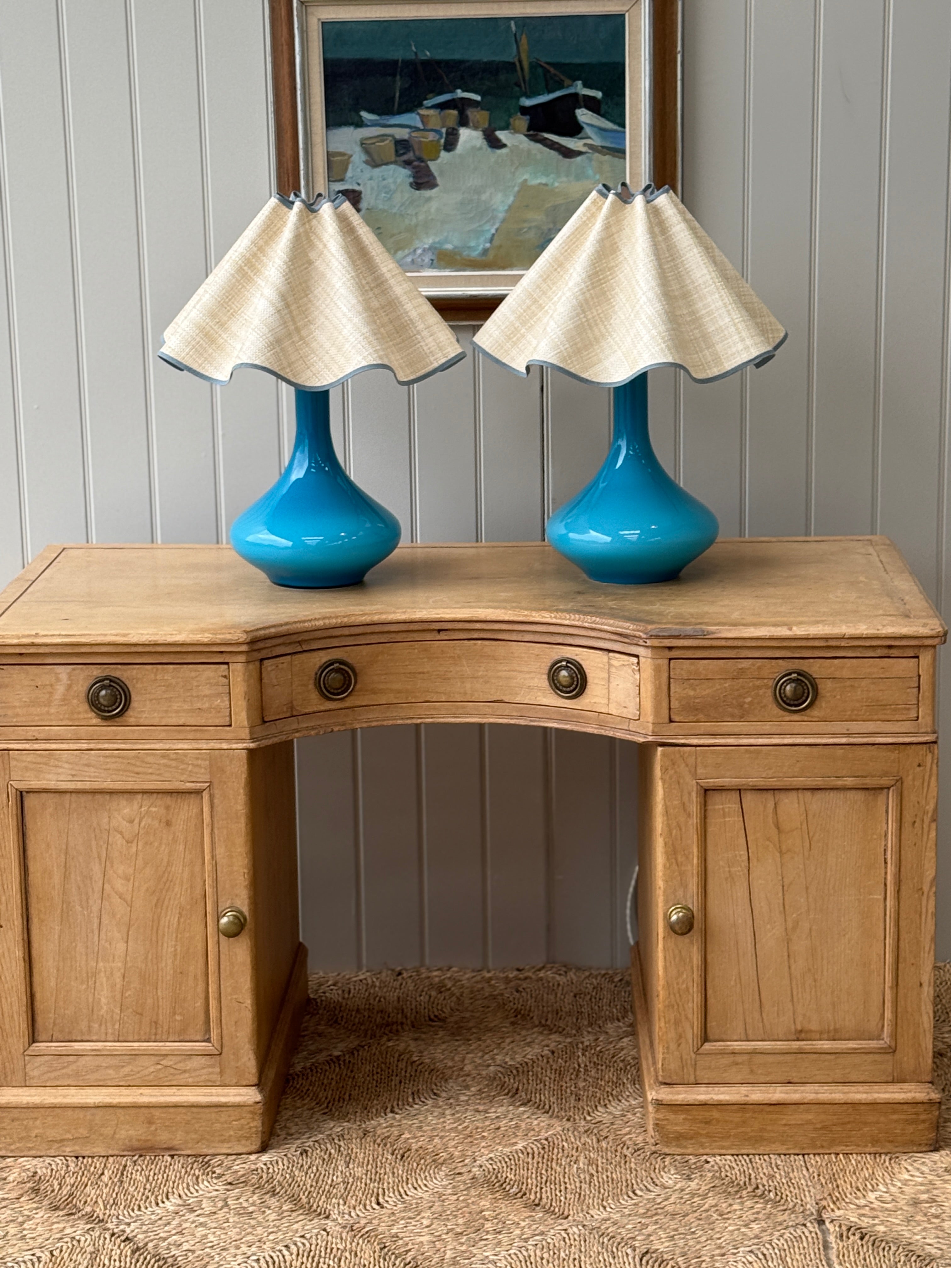 Pair of Large Turquoise Holmegaard lamps by Jacob E Bang