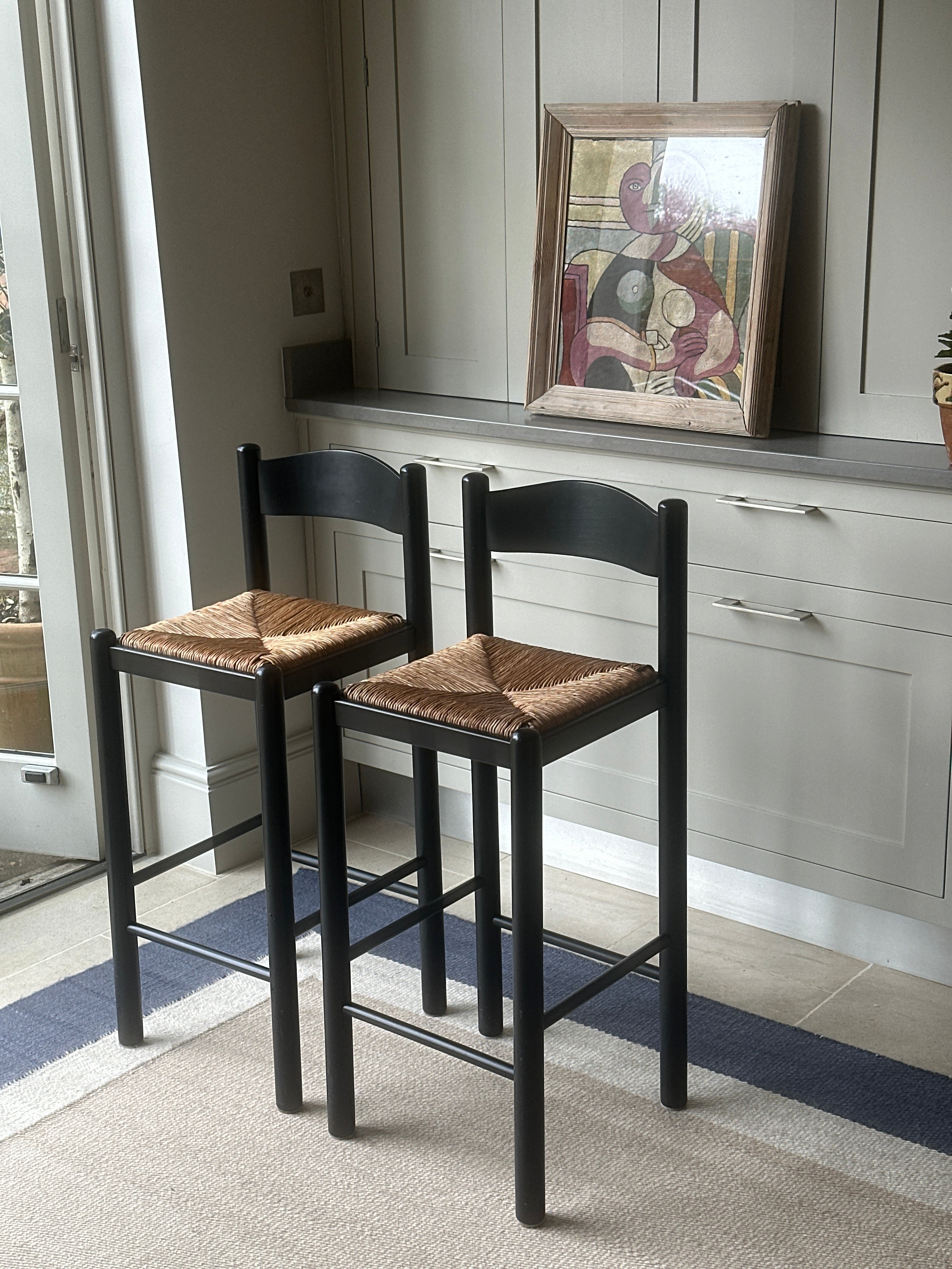 Pair of Vintage Rush Seat Bar Stools in Black