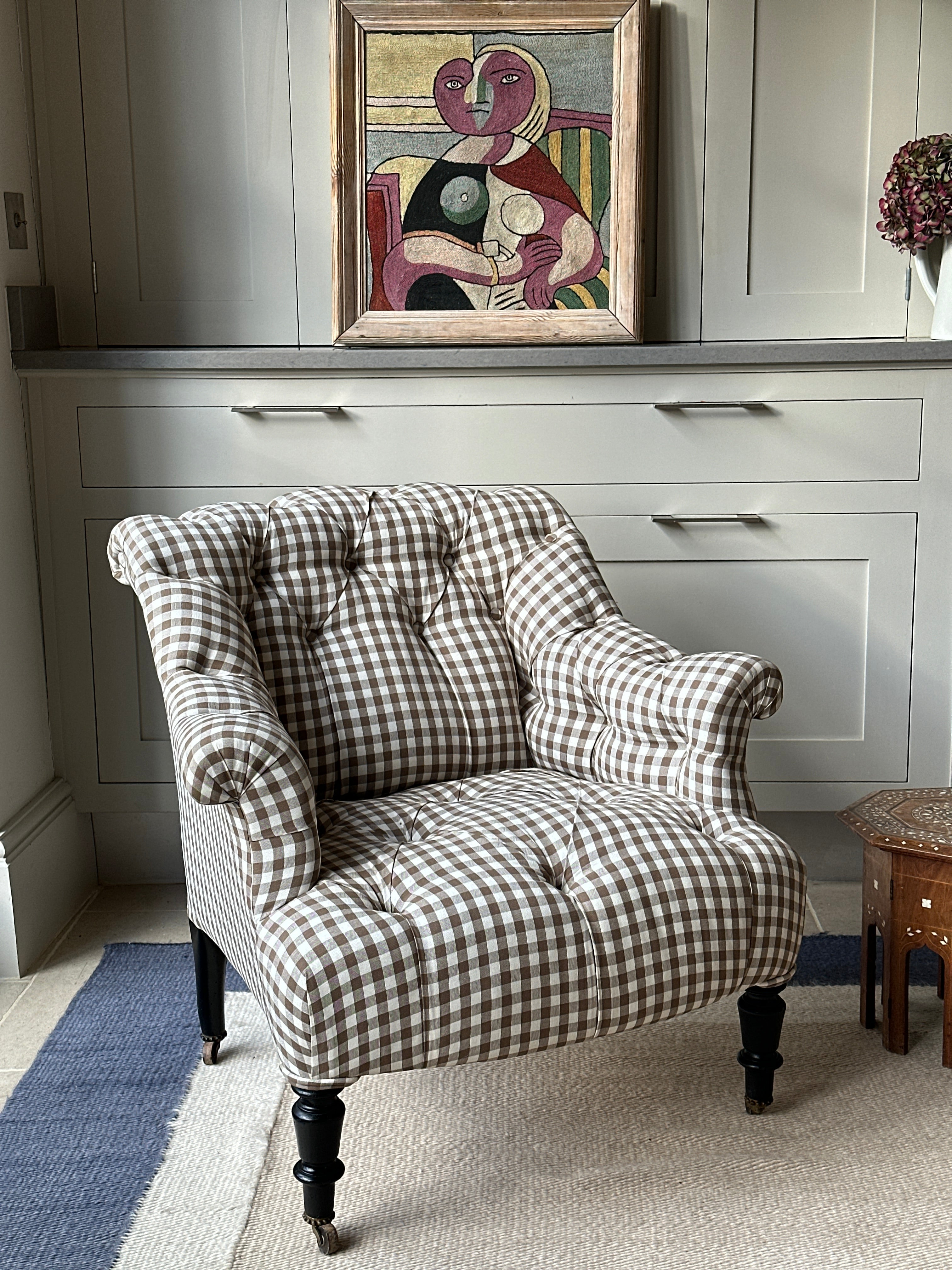 Small French Button Back Chair in Brown Gingham