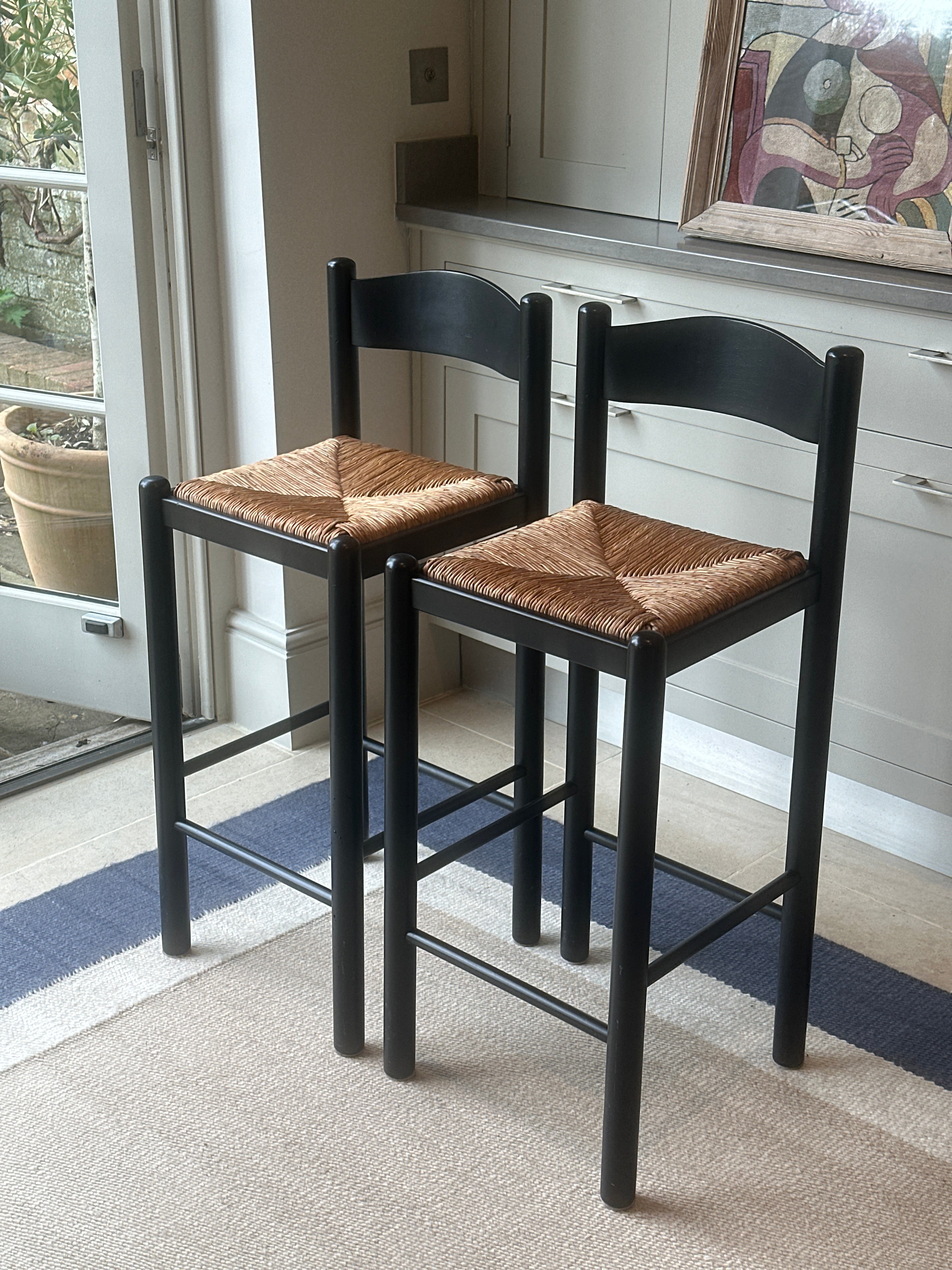 Pair of Vintage Rush Seat Bar Stools in Black