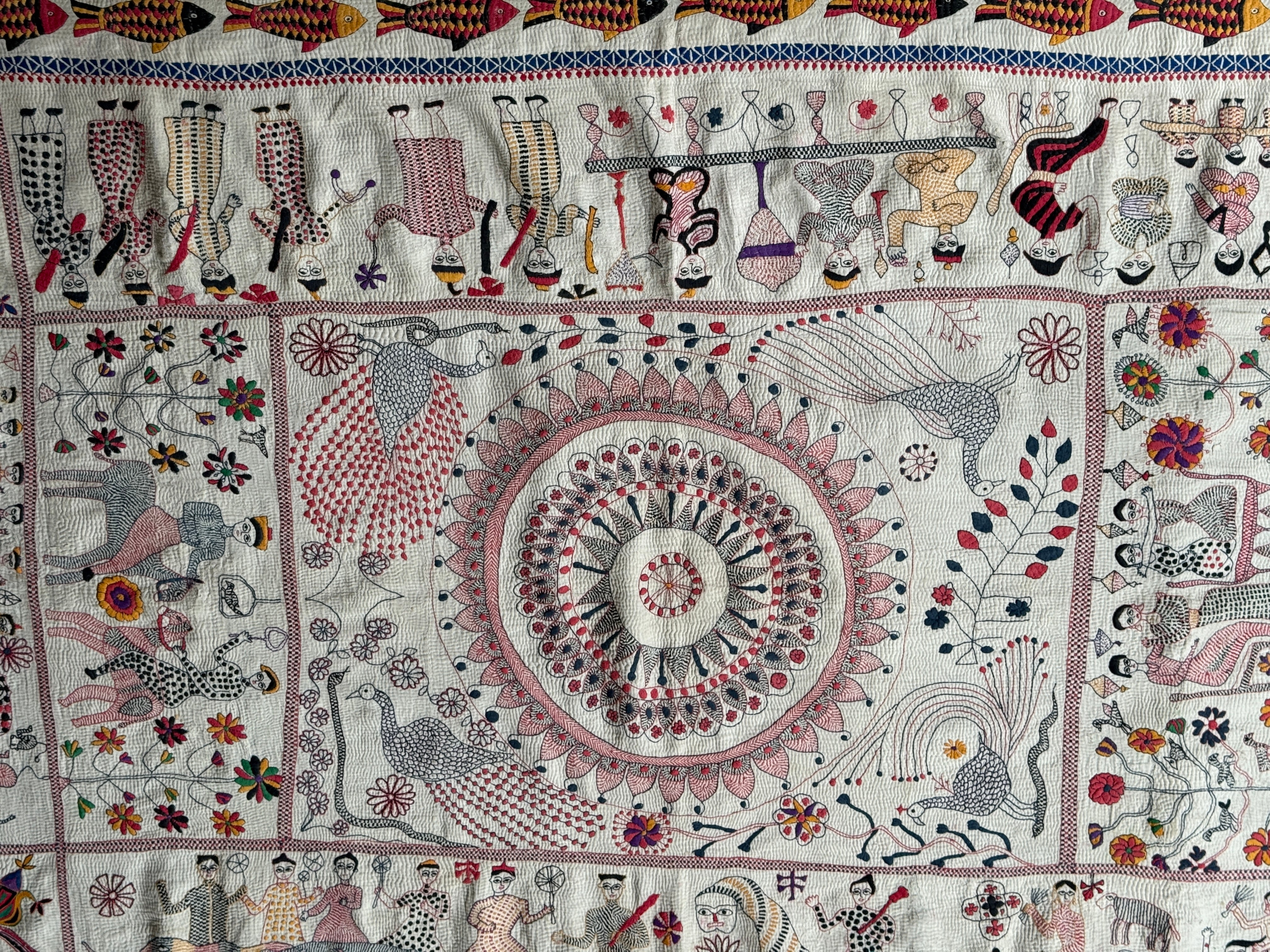 Rare Bengali Nakshi Kantha with Fish Border c late 19th Century