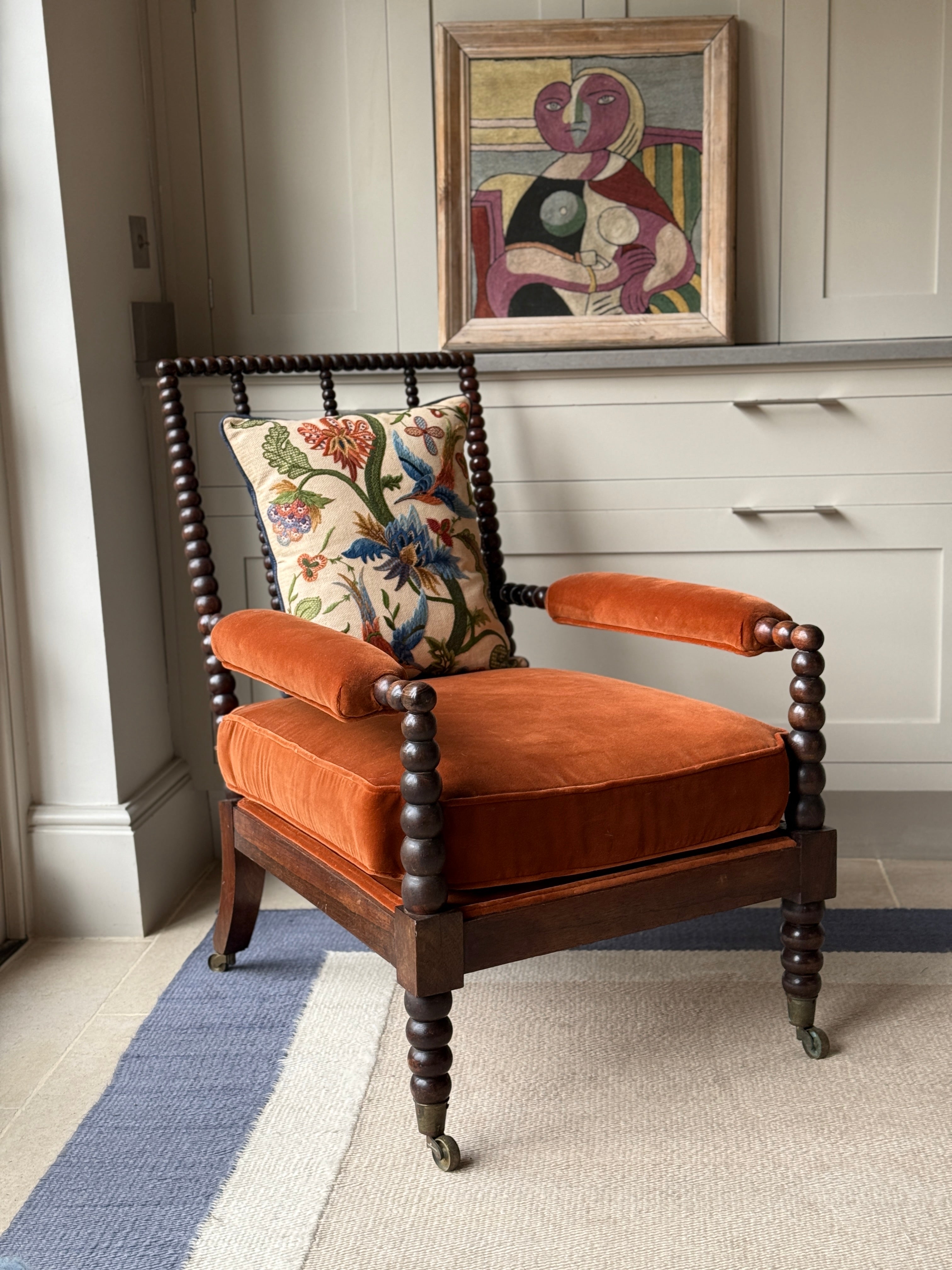 Early 20th Century Bobbin Turned Open Chair in RU Velvet